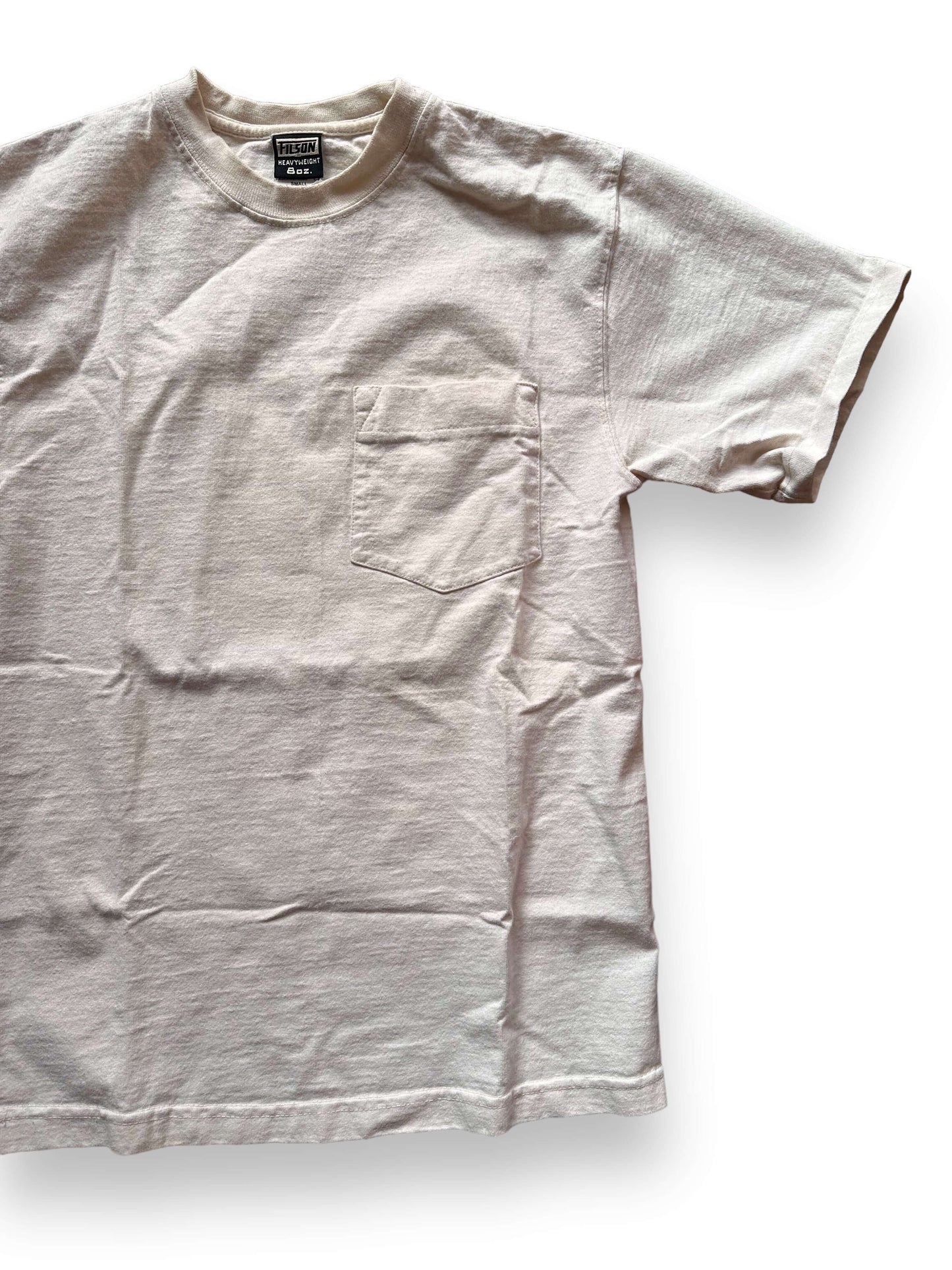 Front Left View of White Filson Loopwheel Heavyweight Cotton Pocket Tee SZ S | Barn Owl Vintage Goods | Vintage Filson Workwear Seattle