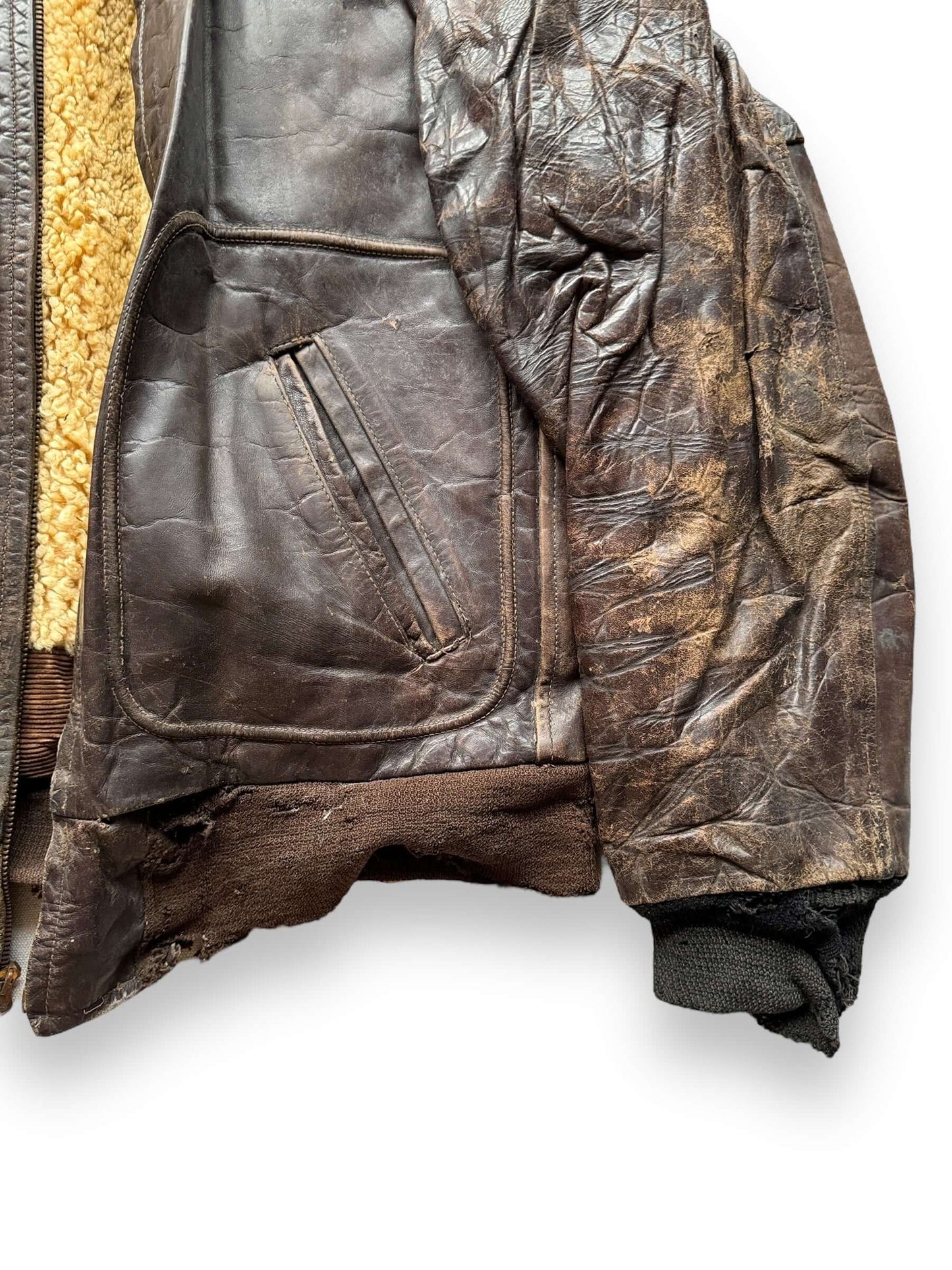 left pocket on Vintage Thrashed Hercules Horsehide Leather Jacket SZ M