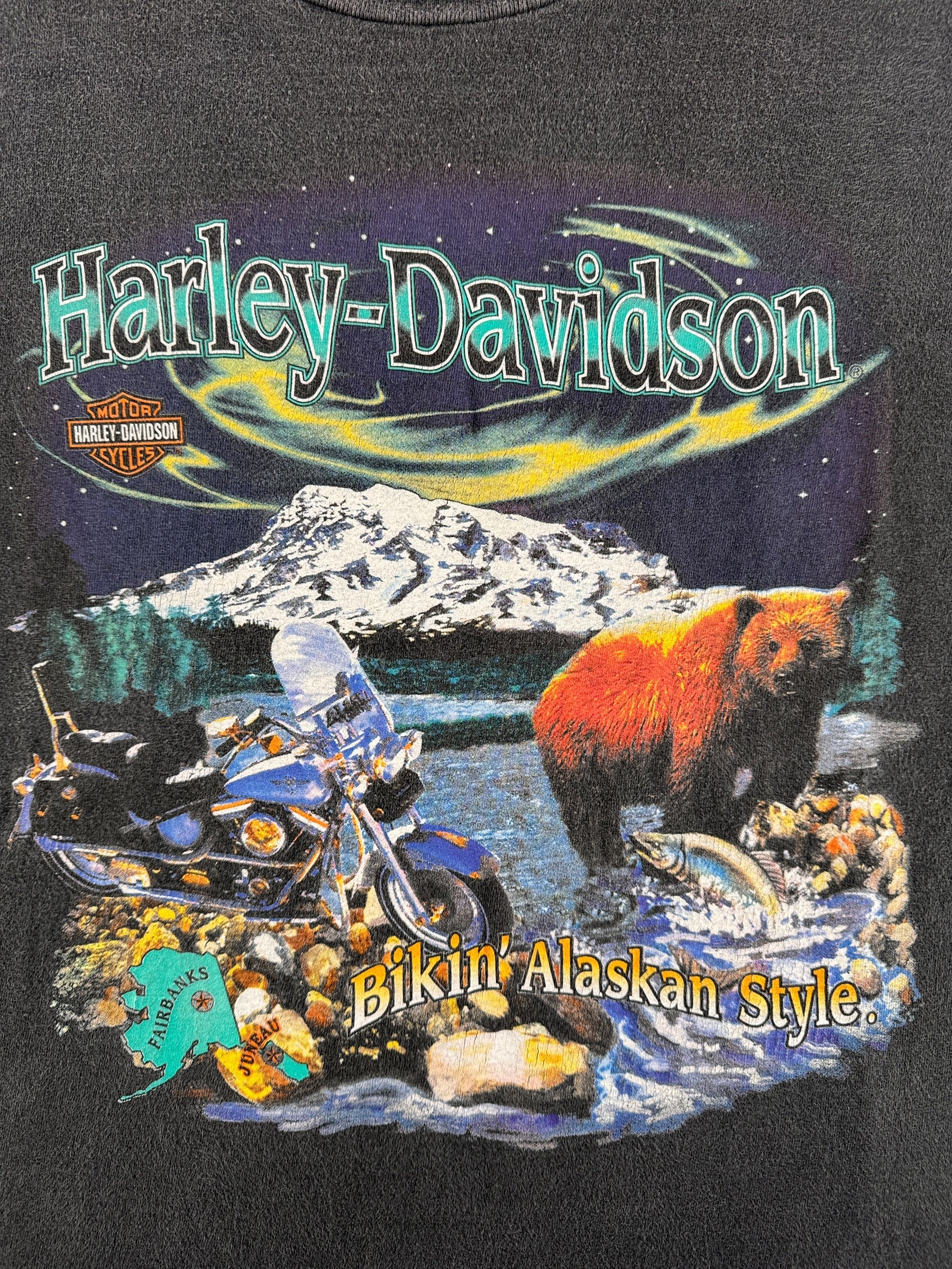 Front Graphic of Vintage Fairbanks Alaska Harley Tee SZ XL