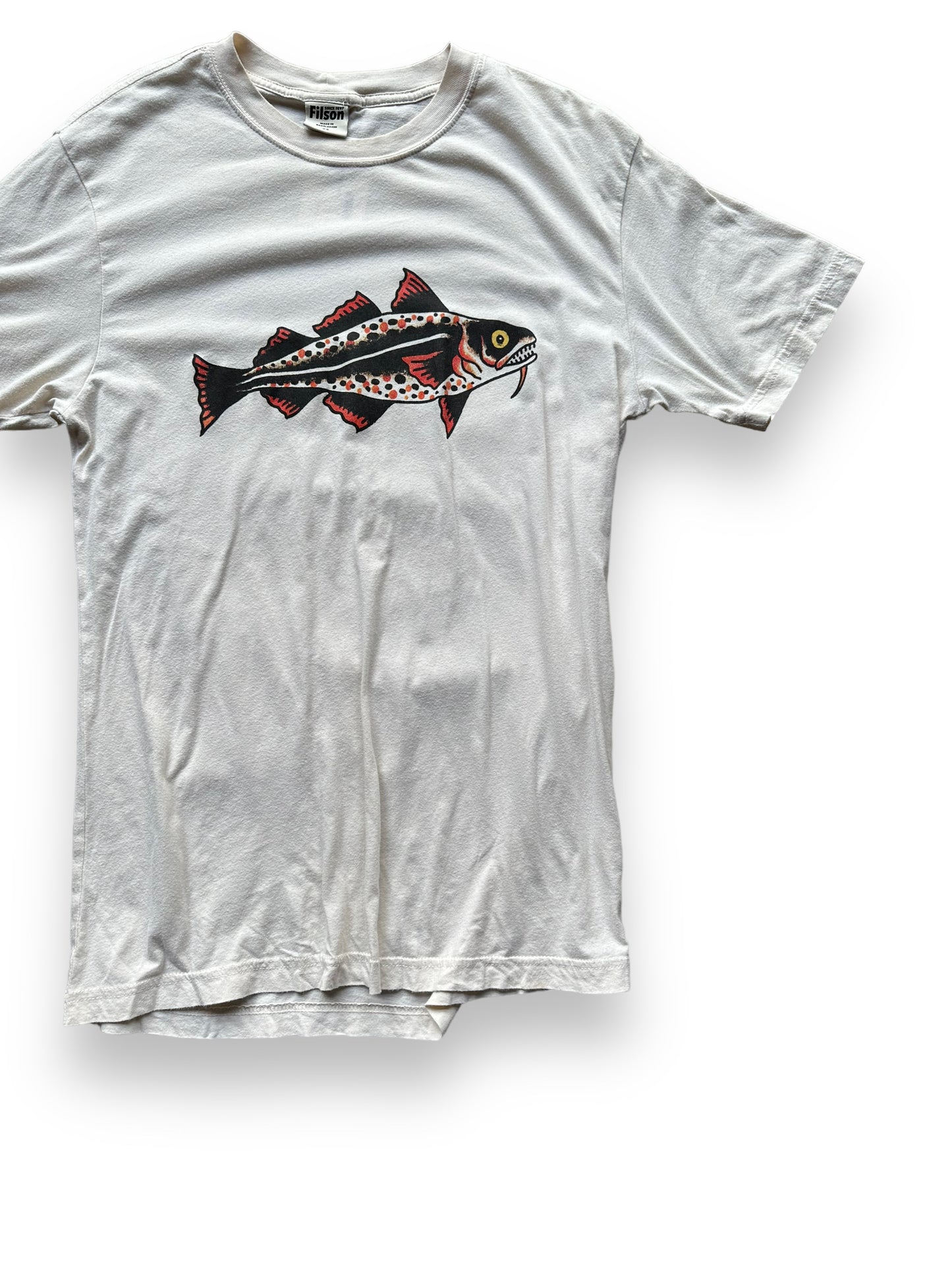 Front Left View of Filson Fish Graphic Tee SZ XS | Barn Owl Vintage Goods | Vintage Filson Workwear Seattle