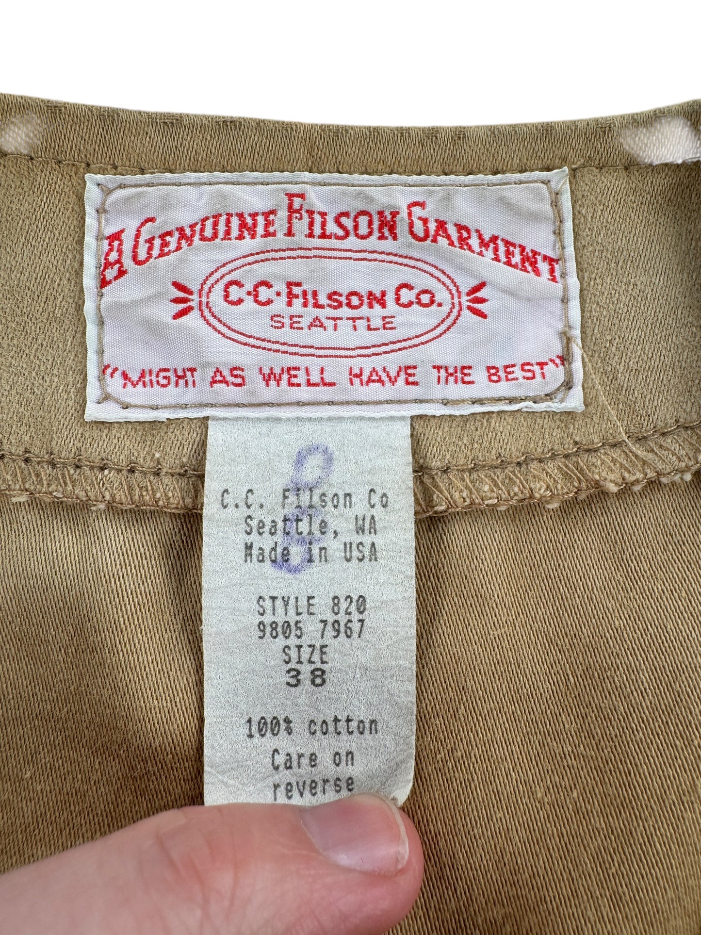 Tag on Vintage Filson Moleskin Vest SZ 38
