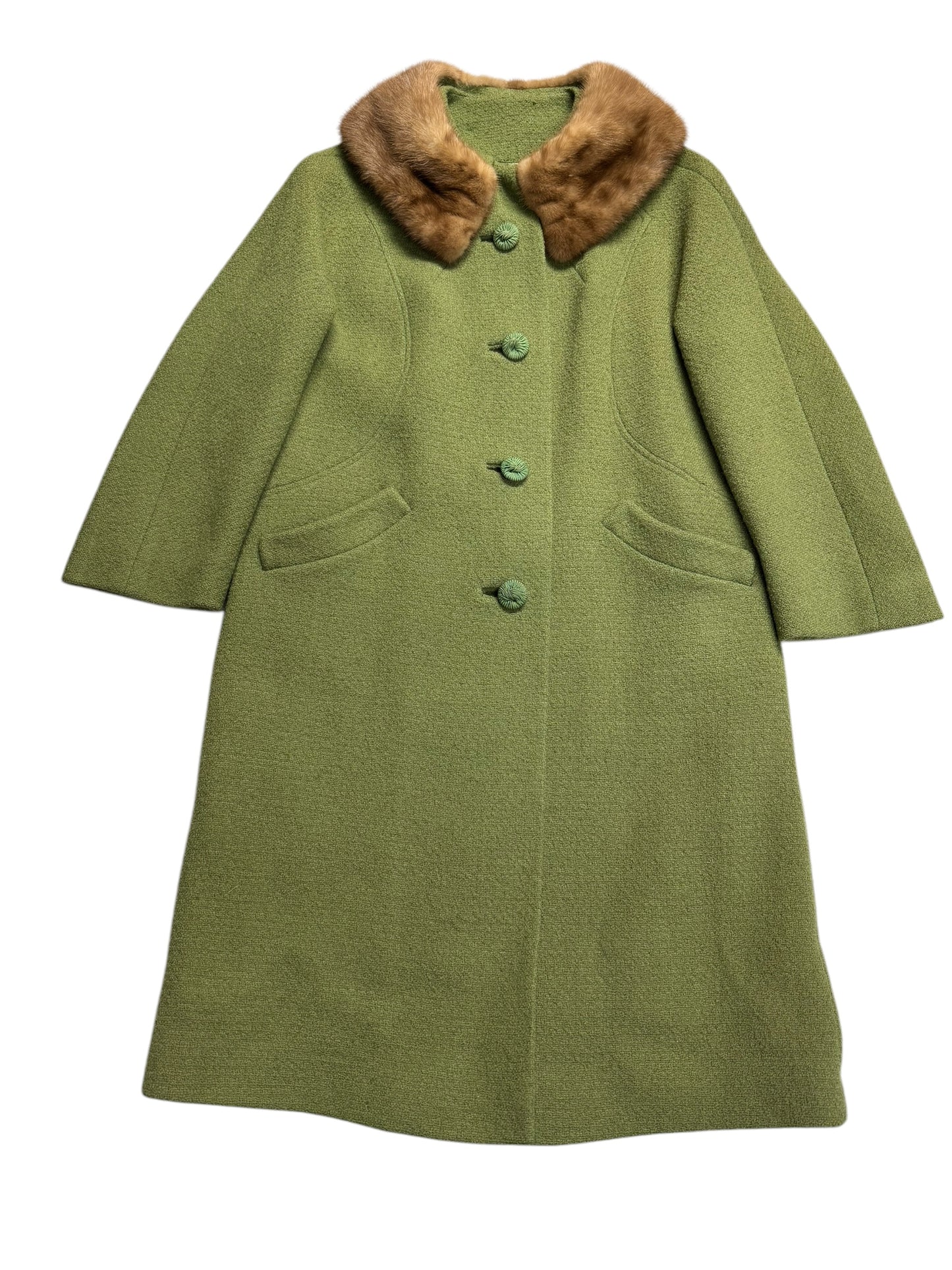 Front view of 1950s Mink Collar Sage Green Coat M