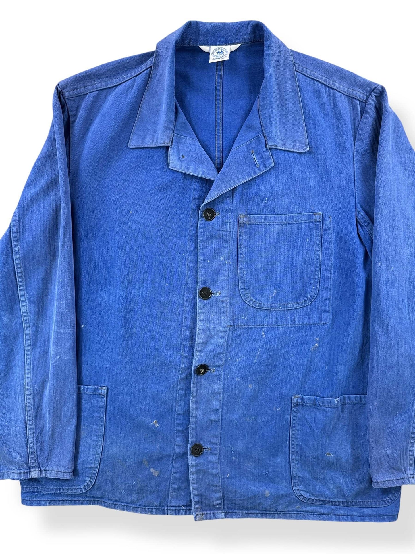 Front Close Up of Vintage Royal Blue Sanfor HBT French Chore Coat SZ L
