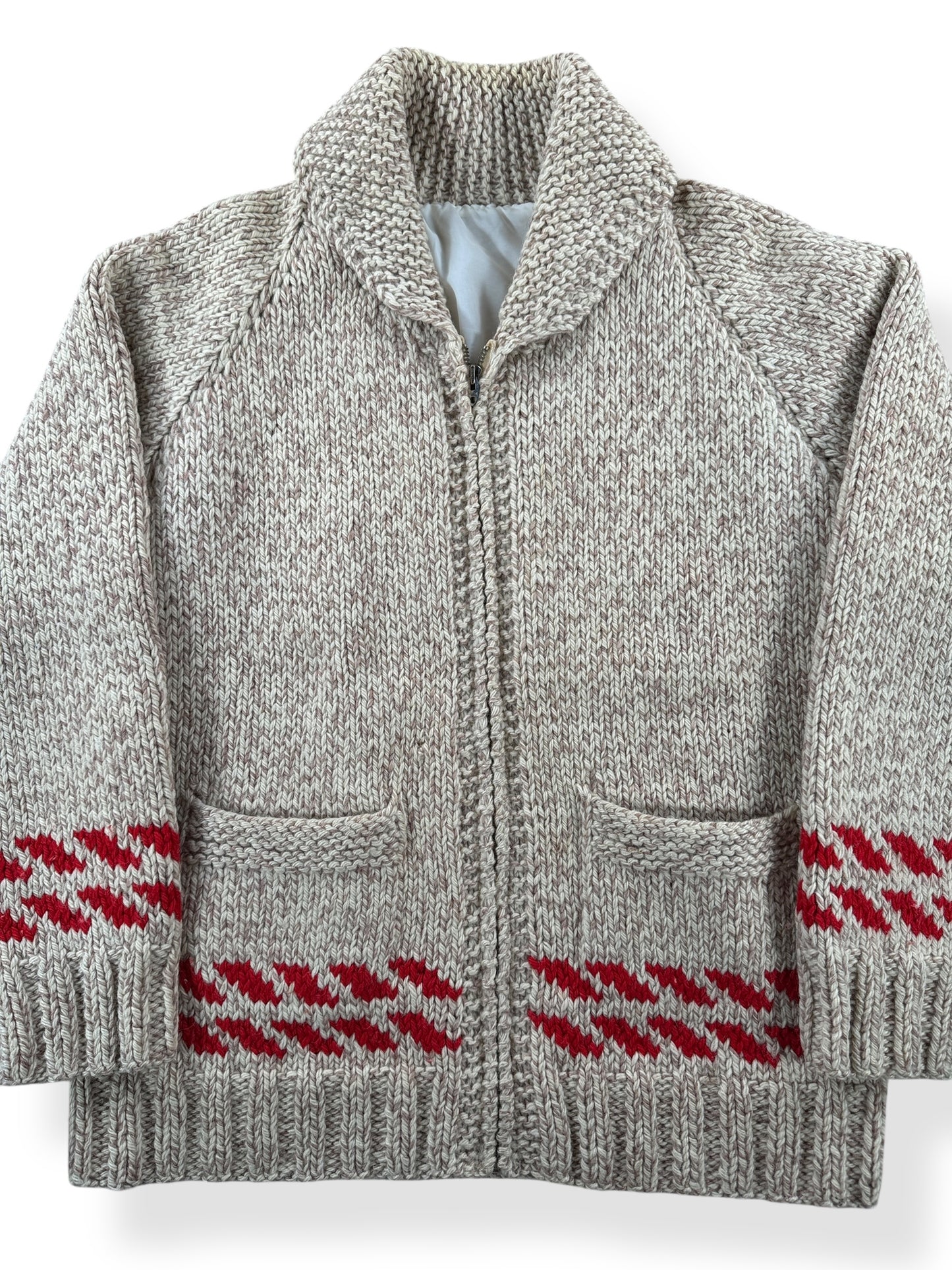 Front Close Up of Vintage Beige and Red Cowichan Style Sweater SZ M