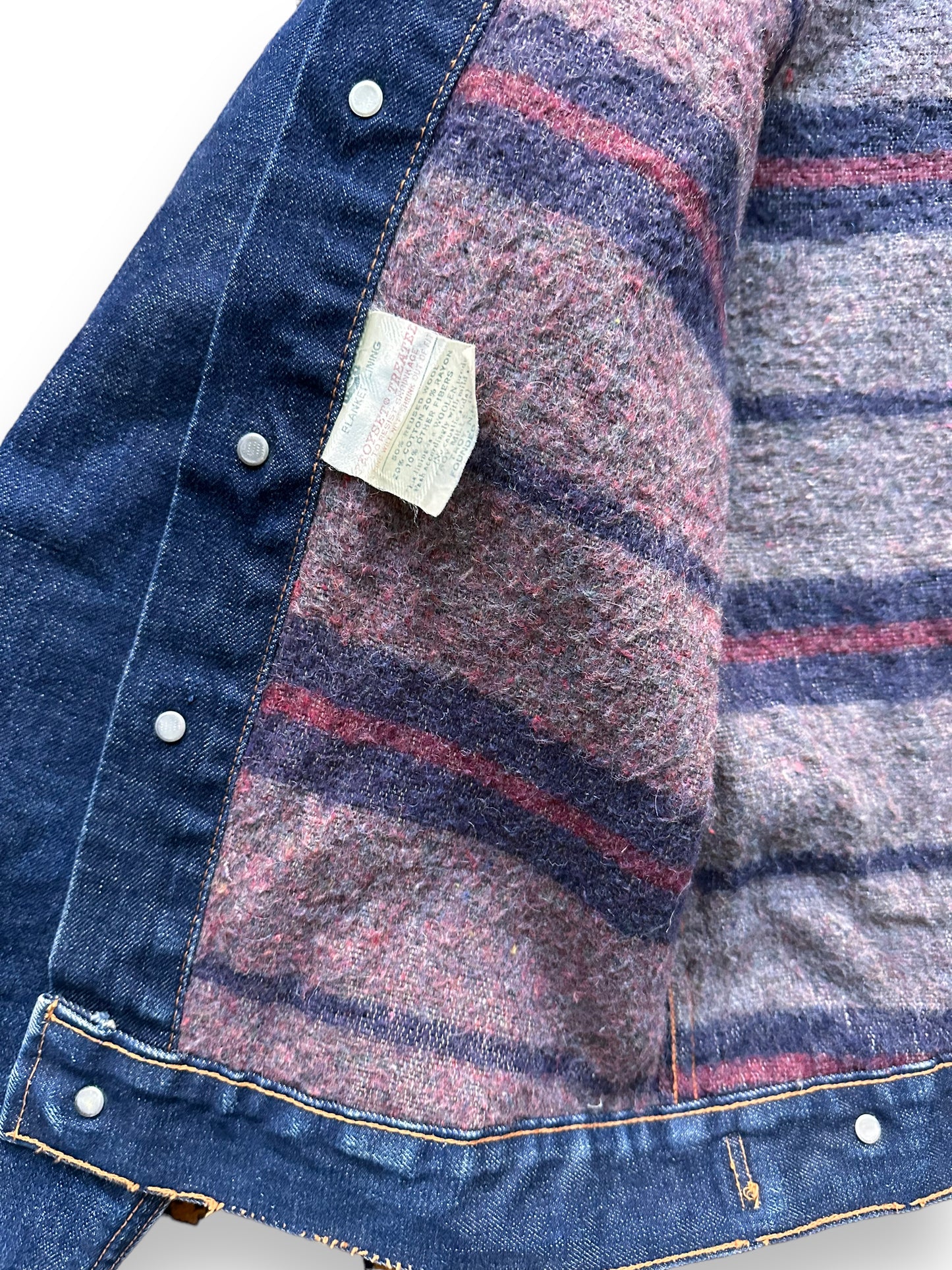 Troyset Blanket Lining Tag on Vintage Levi's Big E Blanket Lined Type III Trucker SZ S | Vintage Denim Workwear Seattle | Seattle Vintage Denim