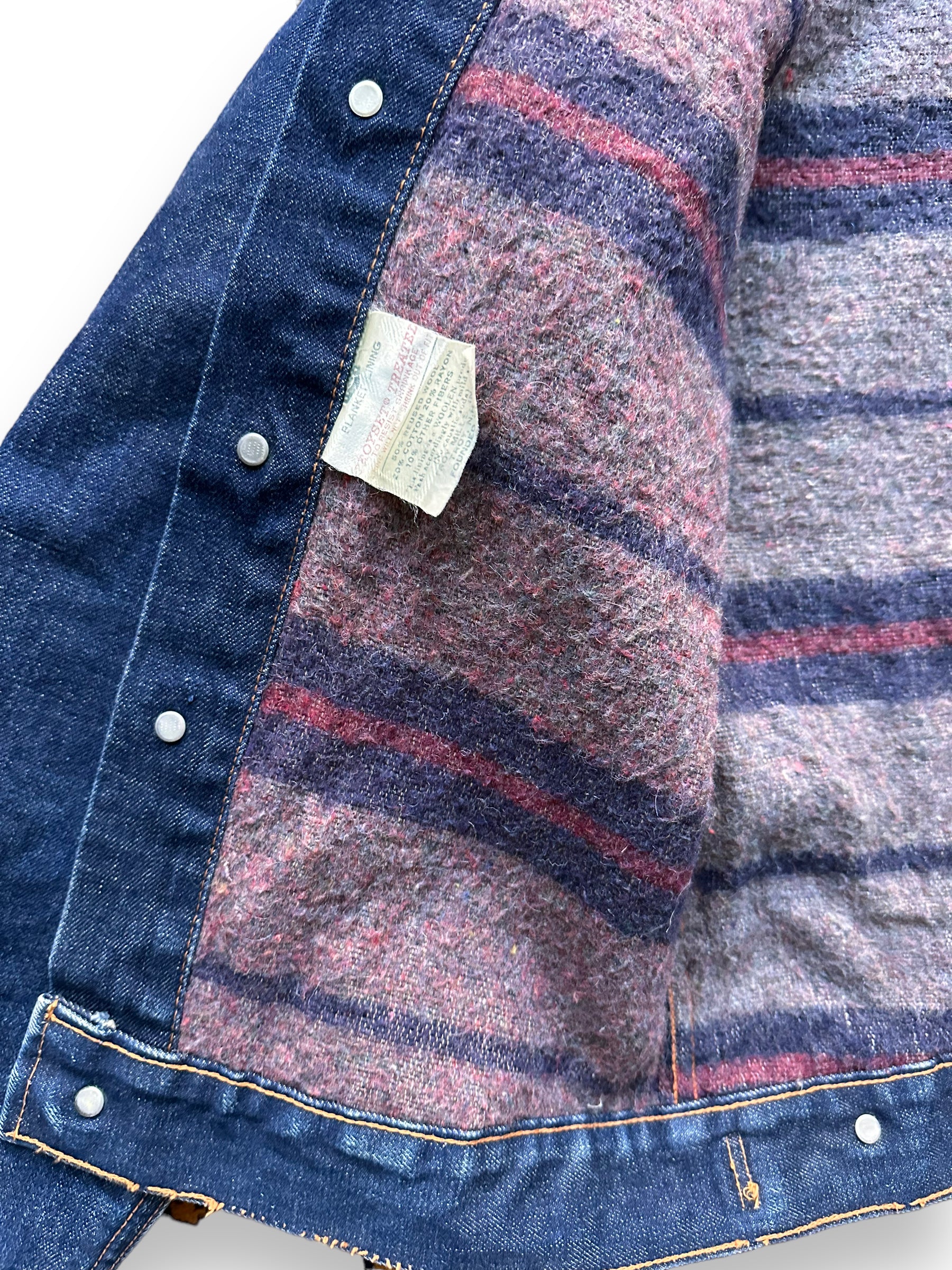 Troyset Blanket Lining Tag on Vintage Levi's Big E Blanket Lined Type III Trucker SZ S | Vintage Denim Workwear Seattle | Seattle Vintage Denim