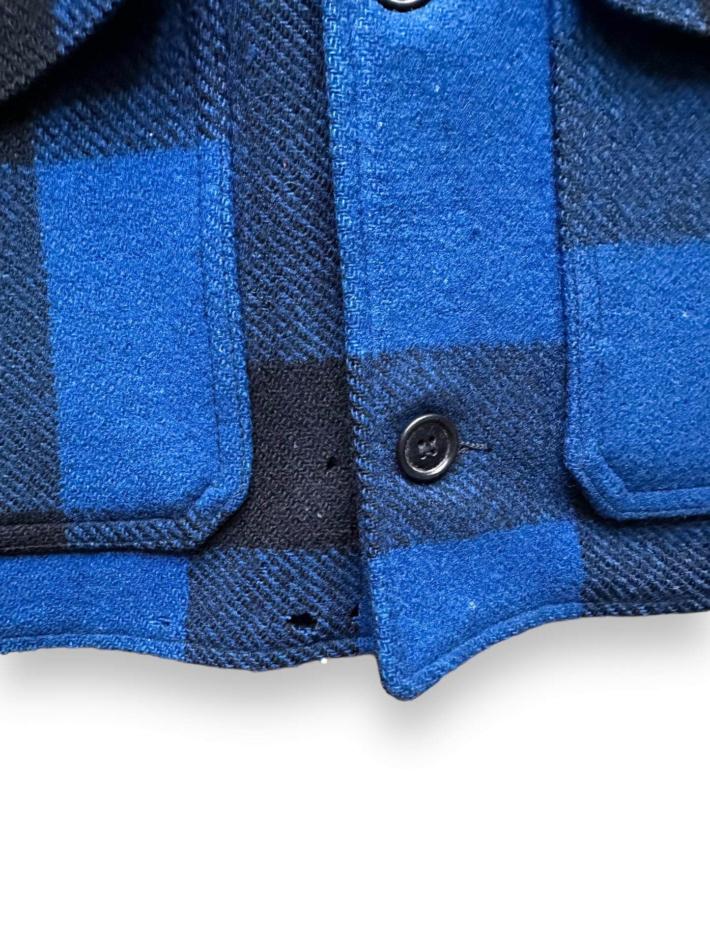 Small Area of Moth Damage on Lower Front of Vintage Union Made Era Filson Double Mackinaw SZ 42 | Barn Owl Vintage Goods | Vintage Filson Workwear Seattle