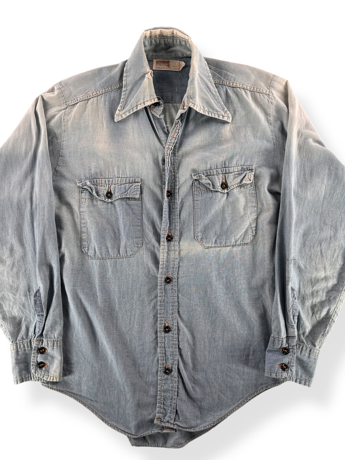 Front Close Up of Vintage Montgomery Ward Sunfaded Chambray SZ XL