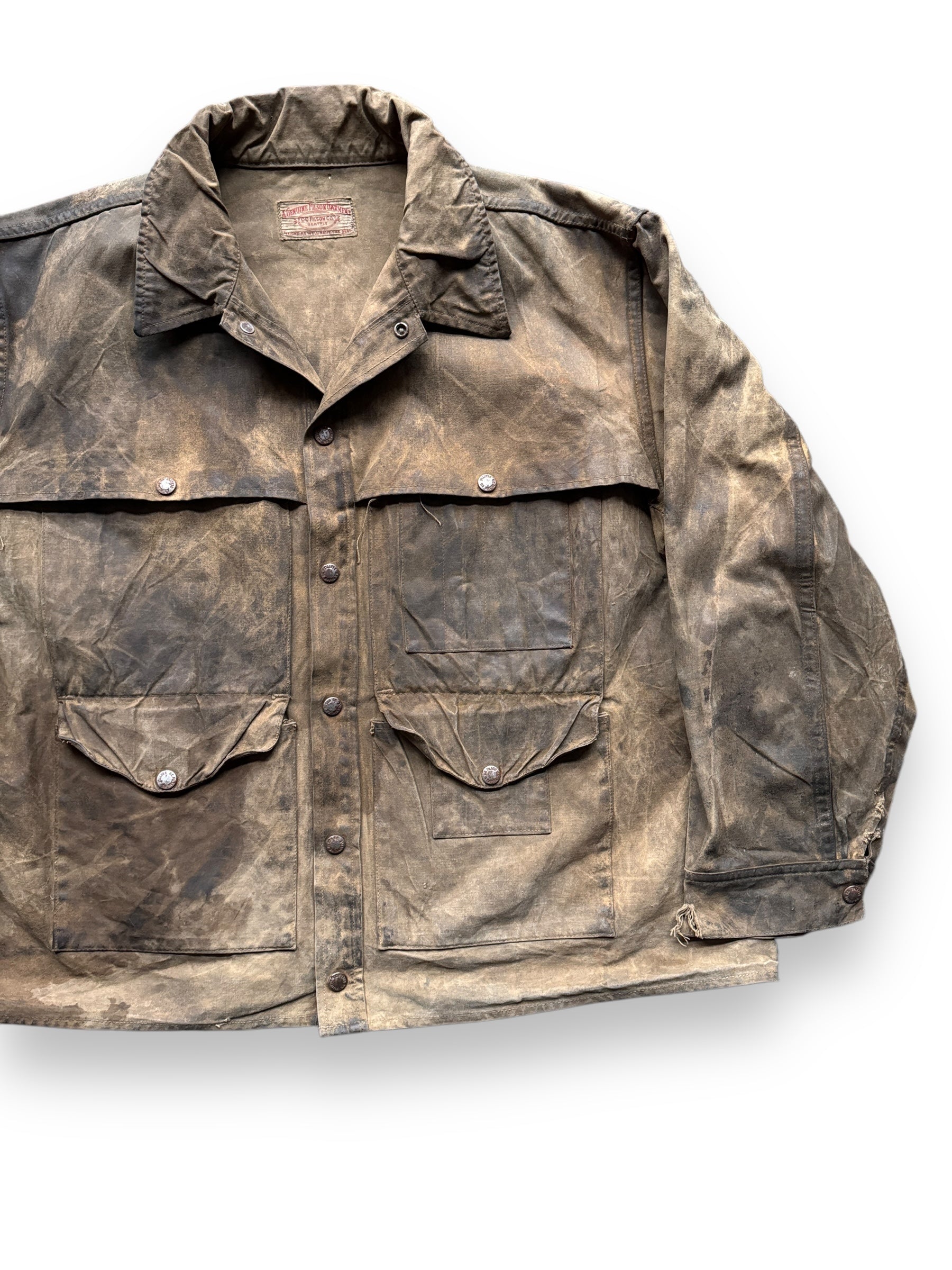 Front Left View of Distressed Vintage Union Made Filson Tin Cruiser SZ XL