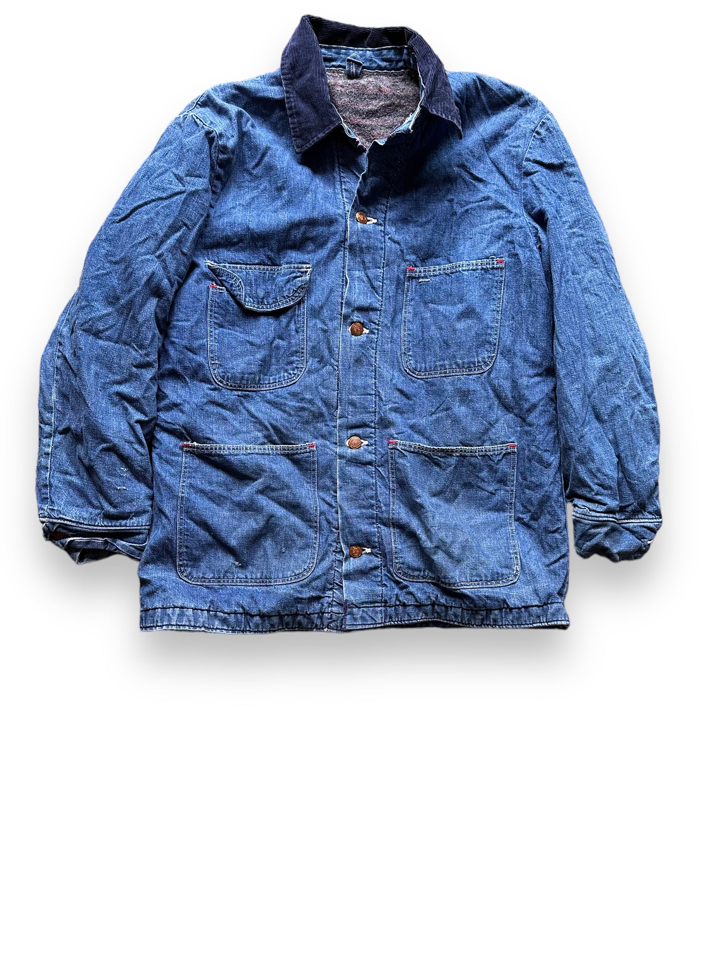 Front View of Vintage Wrangler Blue Bell Blanket Lined Denim Chore Coat SZ 40 | Vintage Denim Chore Coat | Barn Owl Vintage Seattle