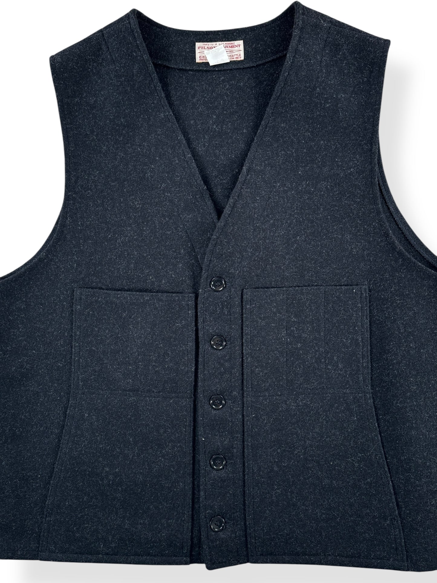 Front Close Up of Vintage Charcoal Filson Mackinaw Wool Vest SZ 50