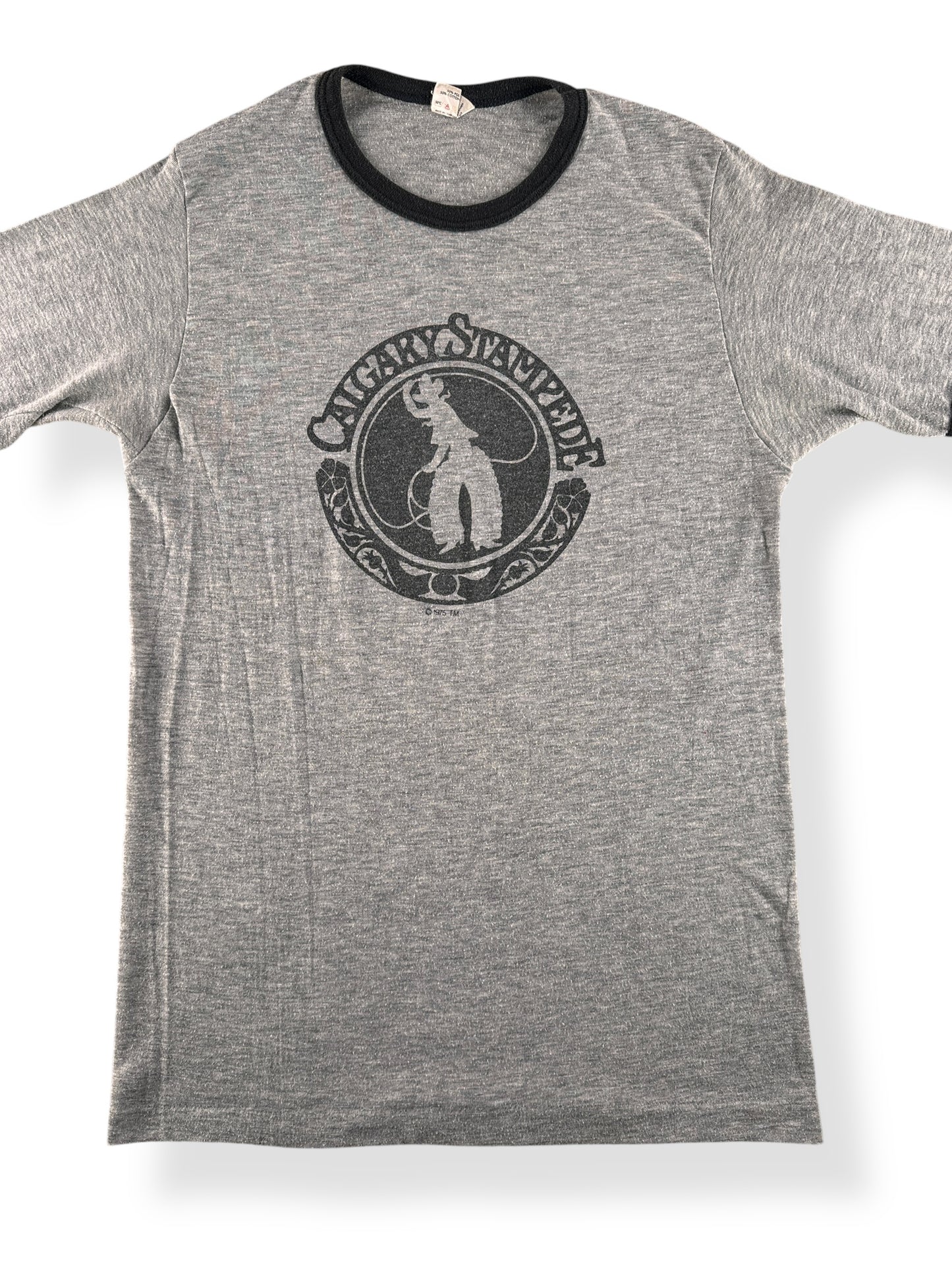 Front Close Up of Vintage 1975 Calgary Stampede Ringer Tee SZ S