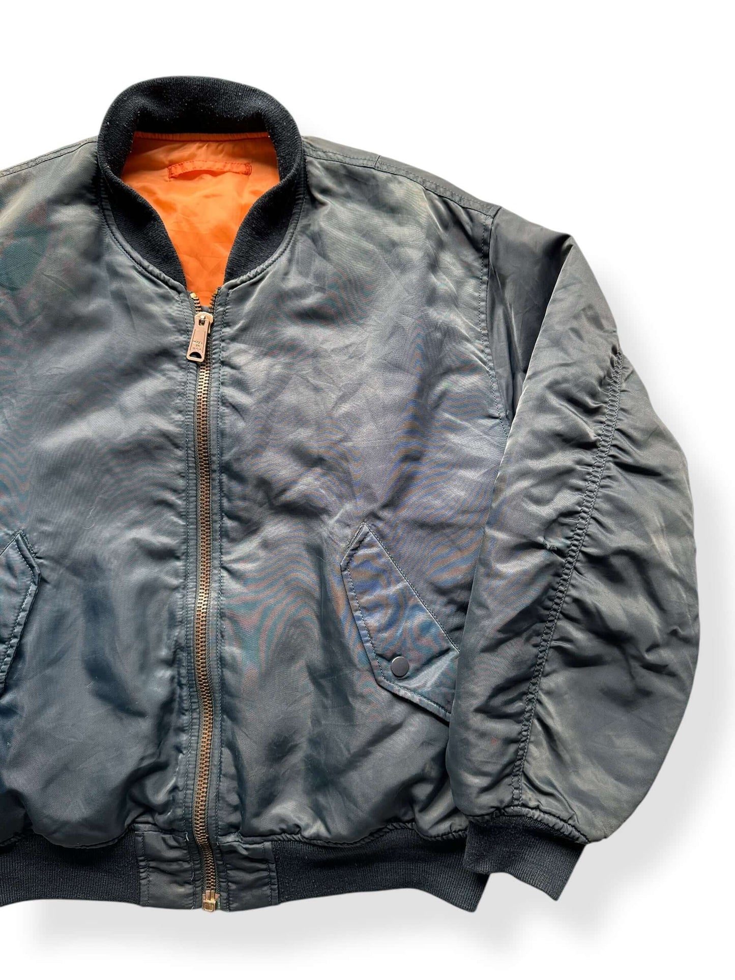 Front Left of Vintage Navy Blue MA-1 Bomber SZ L