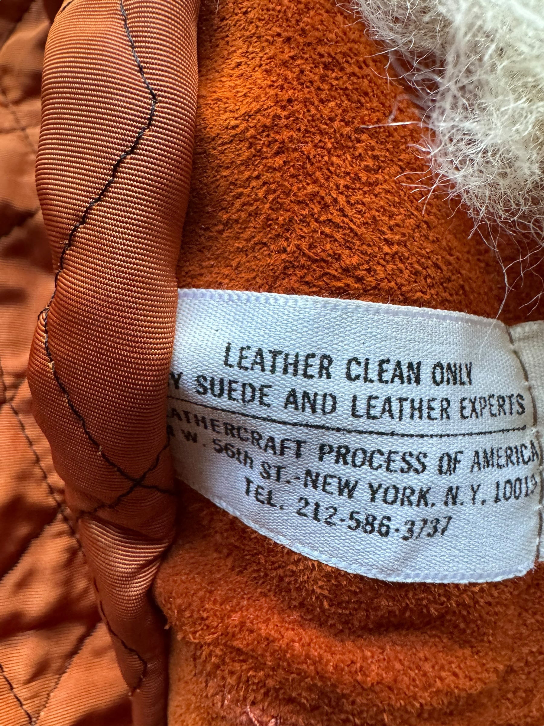 Leather care tag of 1960s Deadstock Suede and Fur Penney Lane Coat L