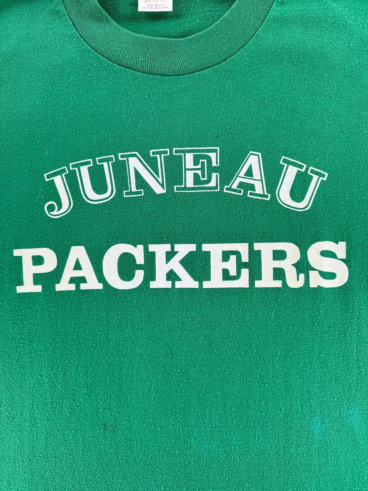 Front Graphic of Vintage Green Juneau Packers Tee SZ M