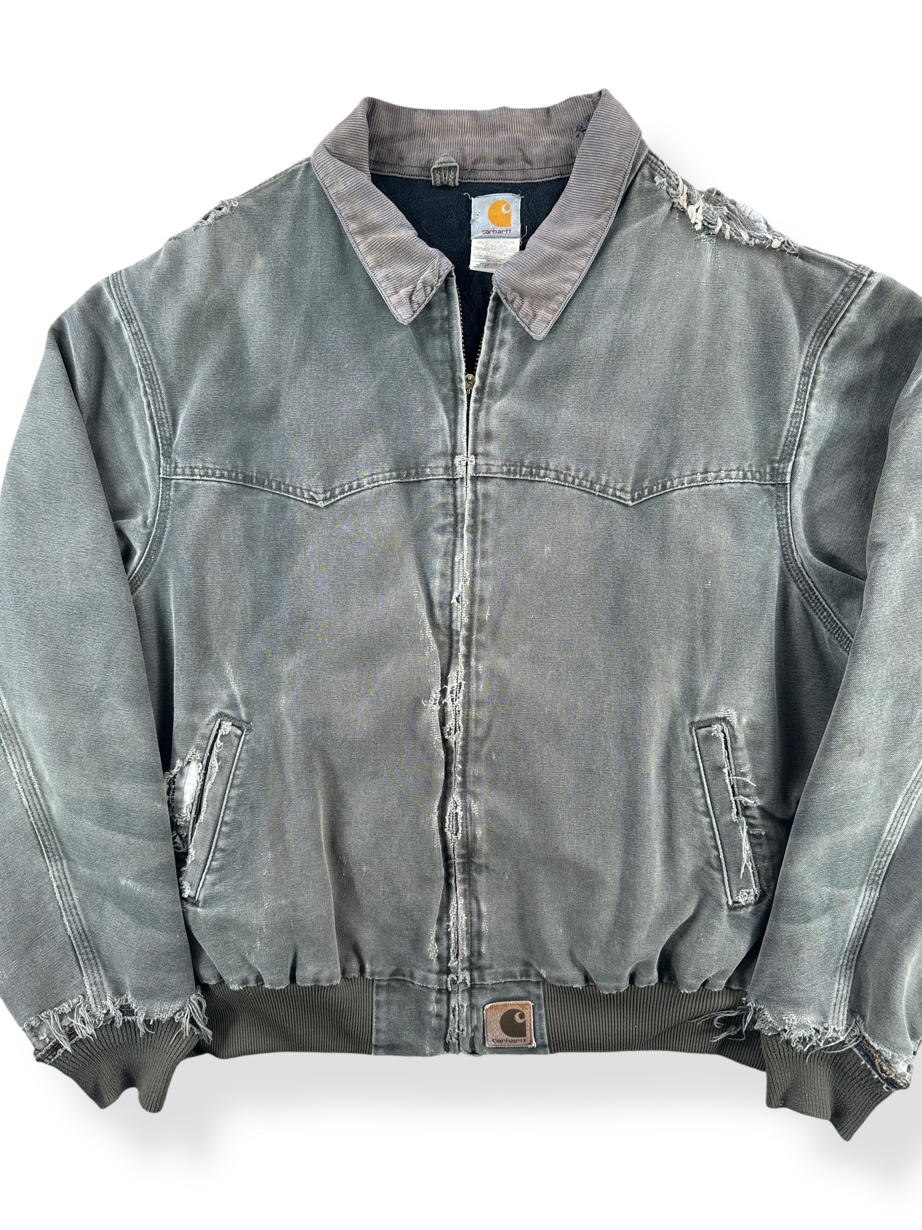 Front Close Up of Vintage Hand Repaired Carhartt Santa Fe Moss Green Jacket SZ 3XL AS IS