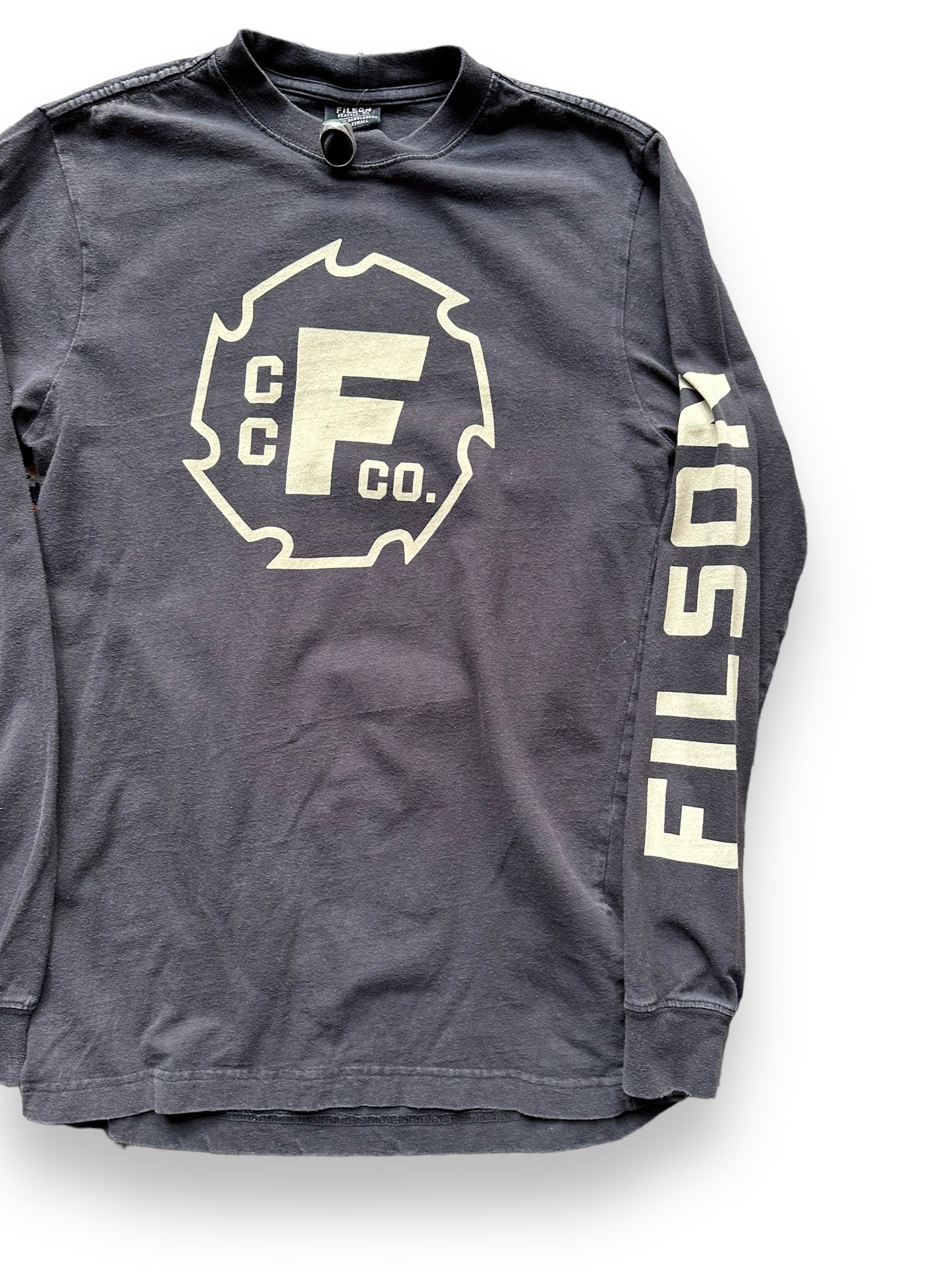 Front Left View of Filson Black Long Sleeve Graphic Tee SZ XS | Barn Owl Vintage Goods | Vintage Filson Workwear Seattle