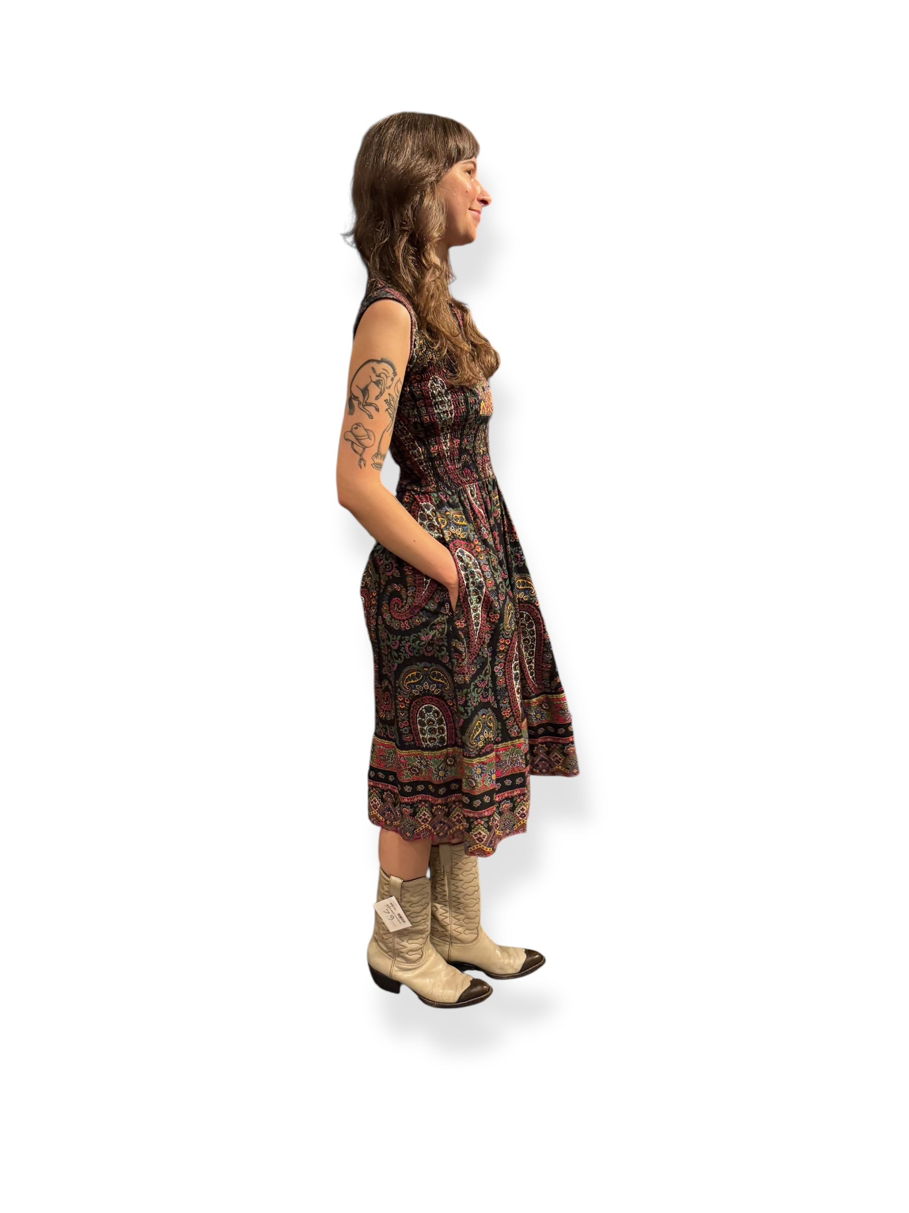 Side view of 1970s Paisly Midi Dress S