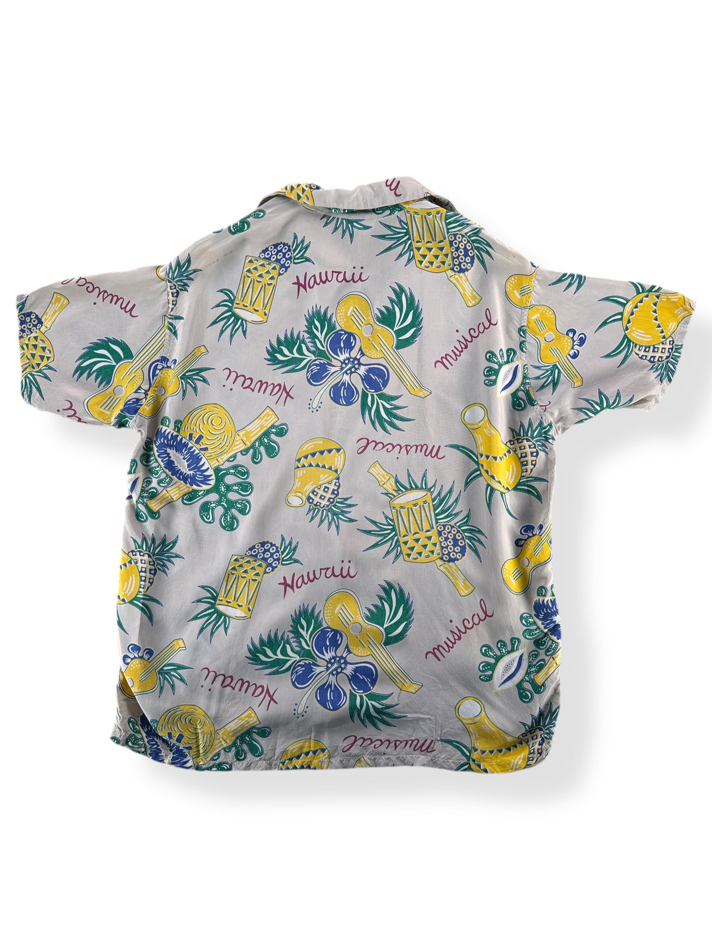 Back of Vintage 50s Rayon Hawaiian Loop Collar Shirt SZ L