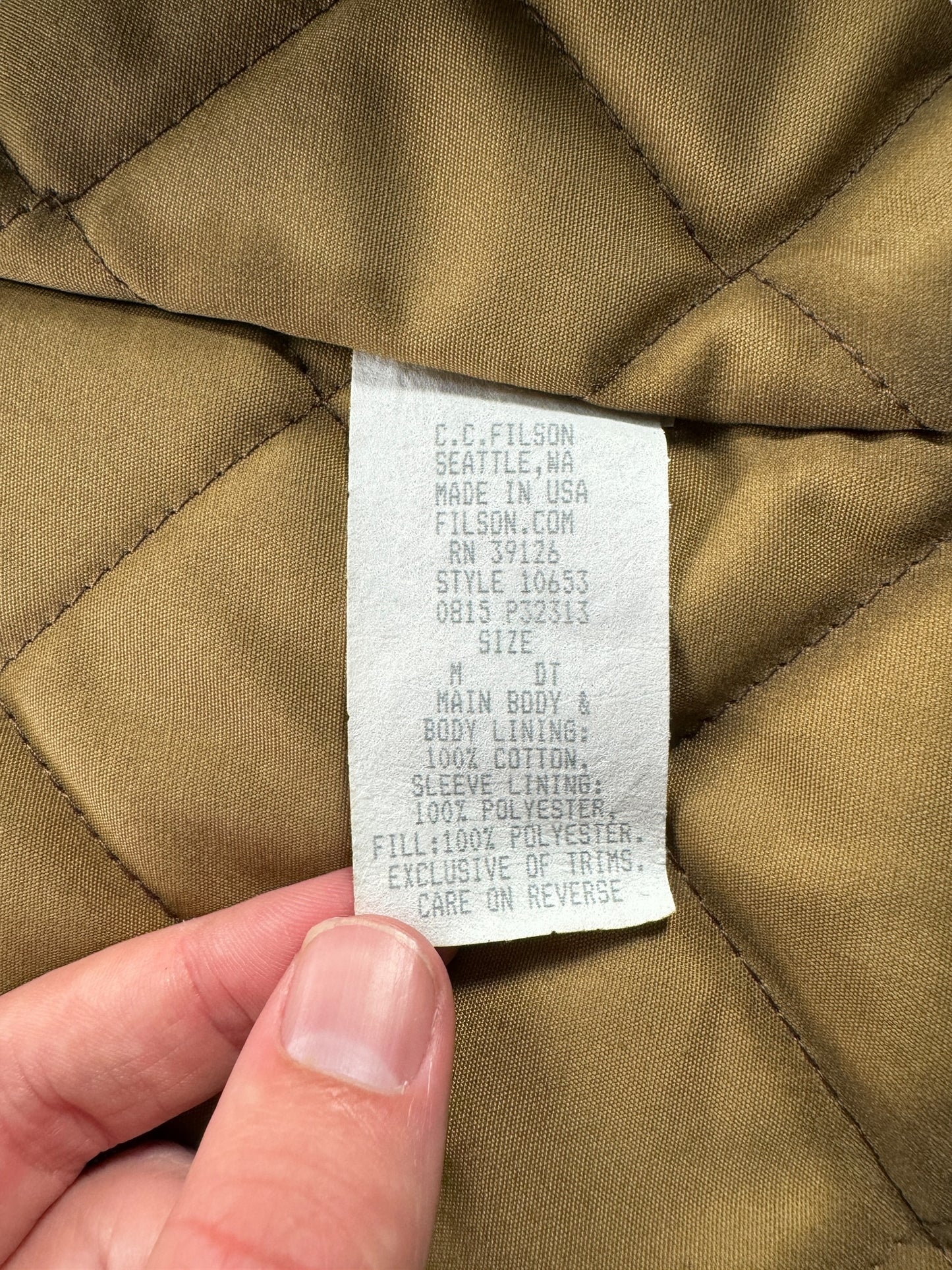 Tag on Modern Filson Dark Tan Insulated Journeyman Coat SZ M