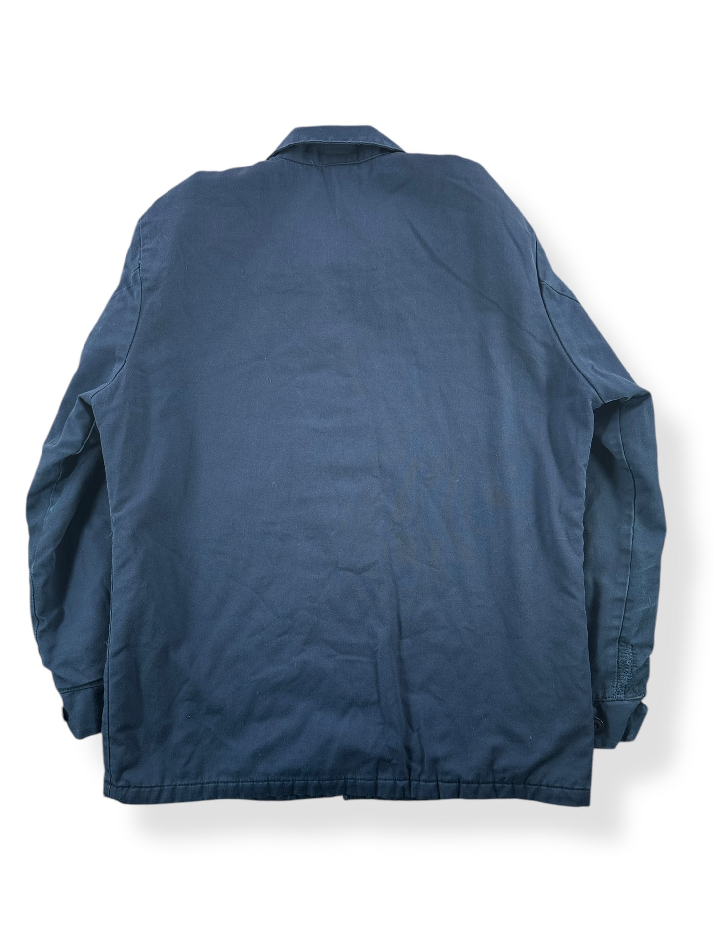 Back of Vintage Lightly Distressed Blue Quilted Red Kap Gas Station Jacket SZ M