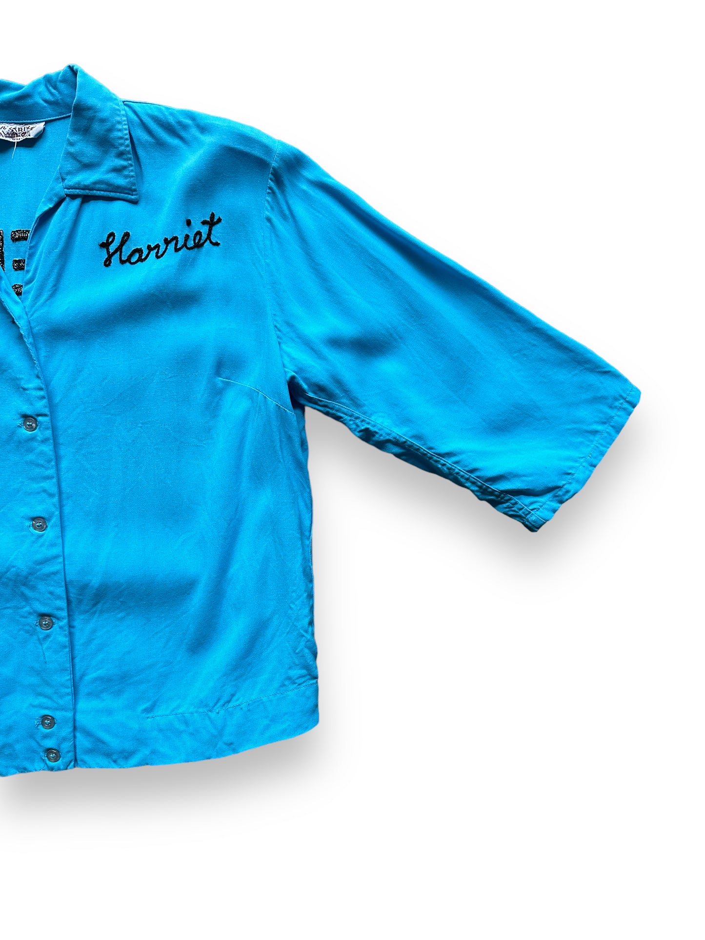 front left of Vintage Lozier Co Builders Rayon Ladies Bowling Shirt SZ 38 | Vintage Bowling Shirt Seattle | Barn Owl Vintage Seattle