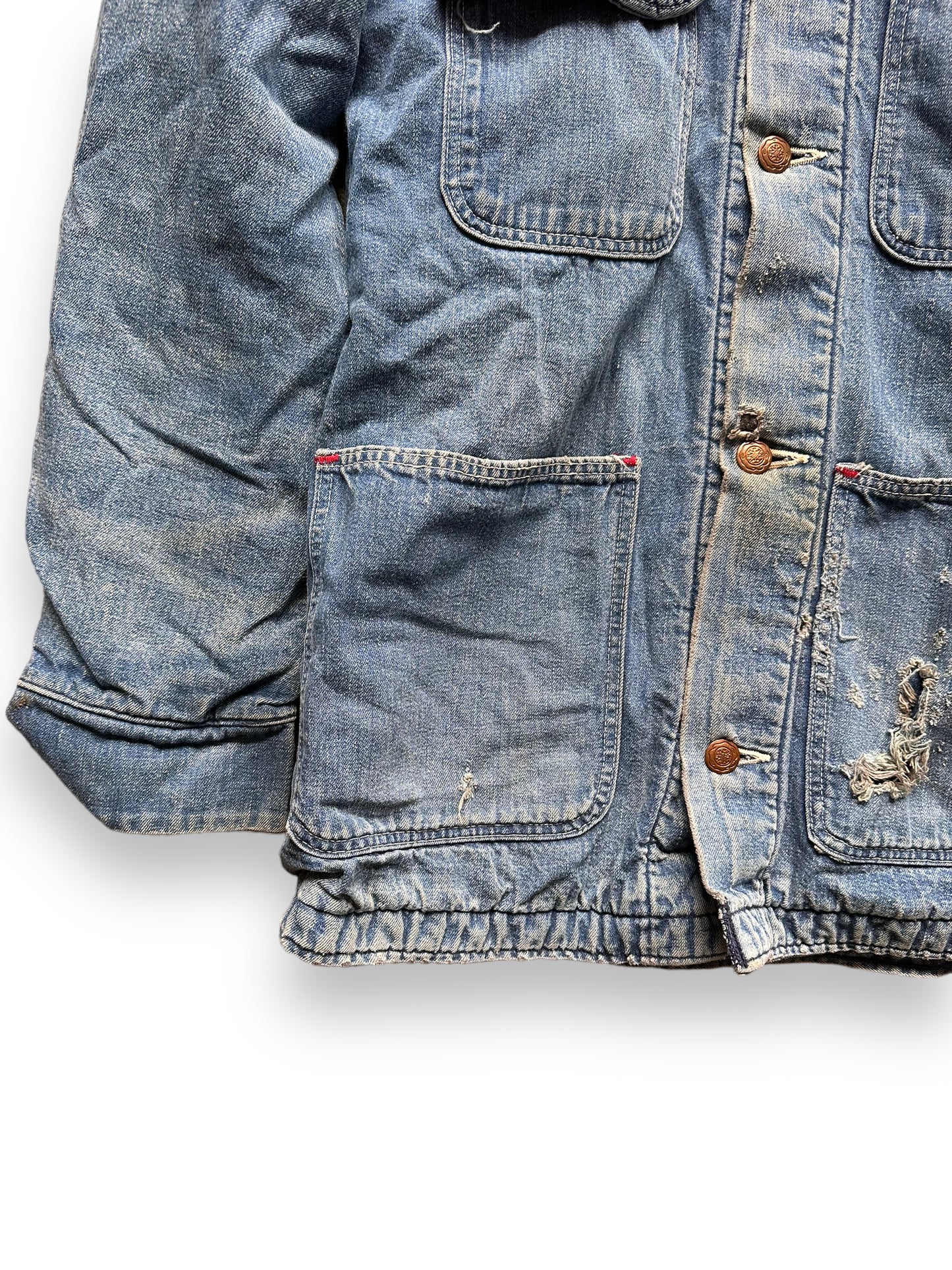 Lower Front Right Pocket View on Vintage Wrangler Blanket Lined Denim Chore Coat SZ 34 | Seattle Vintage Workwear | Barn Owl Vintage Seattle