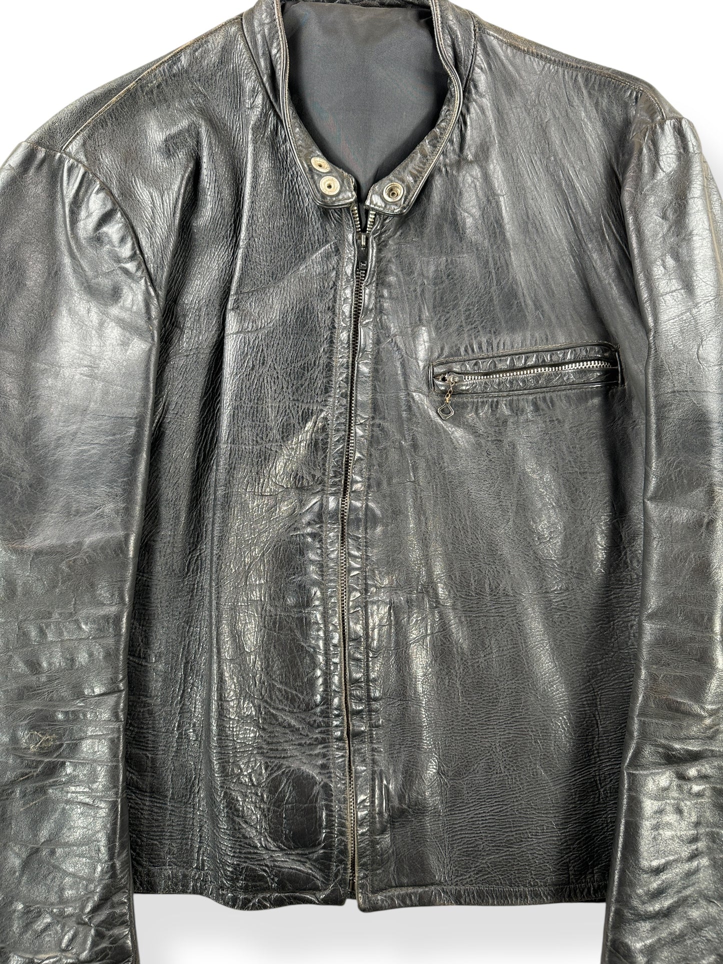 Front Close Up of Vintage Leather Moto Jacket SZ L AS IS