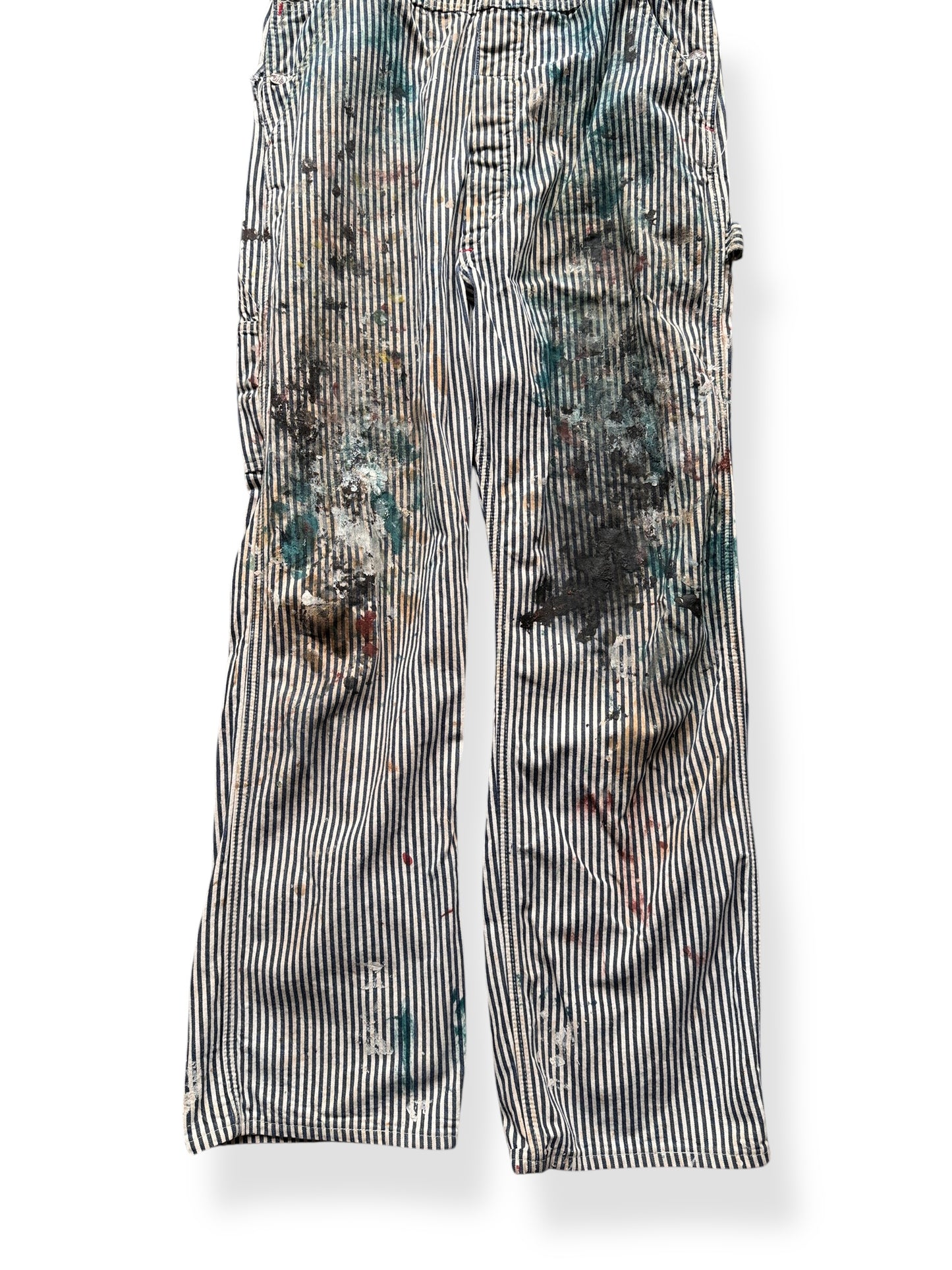 Front Legs of Vintage Blue Paint Patina Packed Big Mac Hickory Stripe Overalls W38