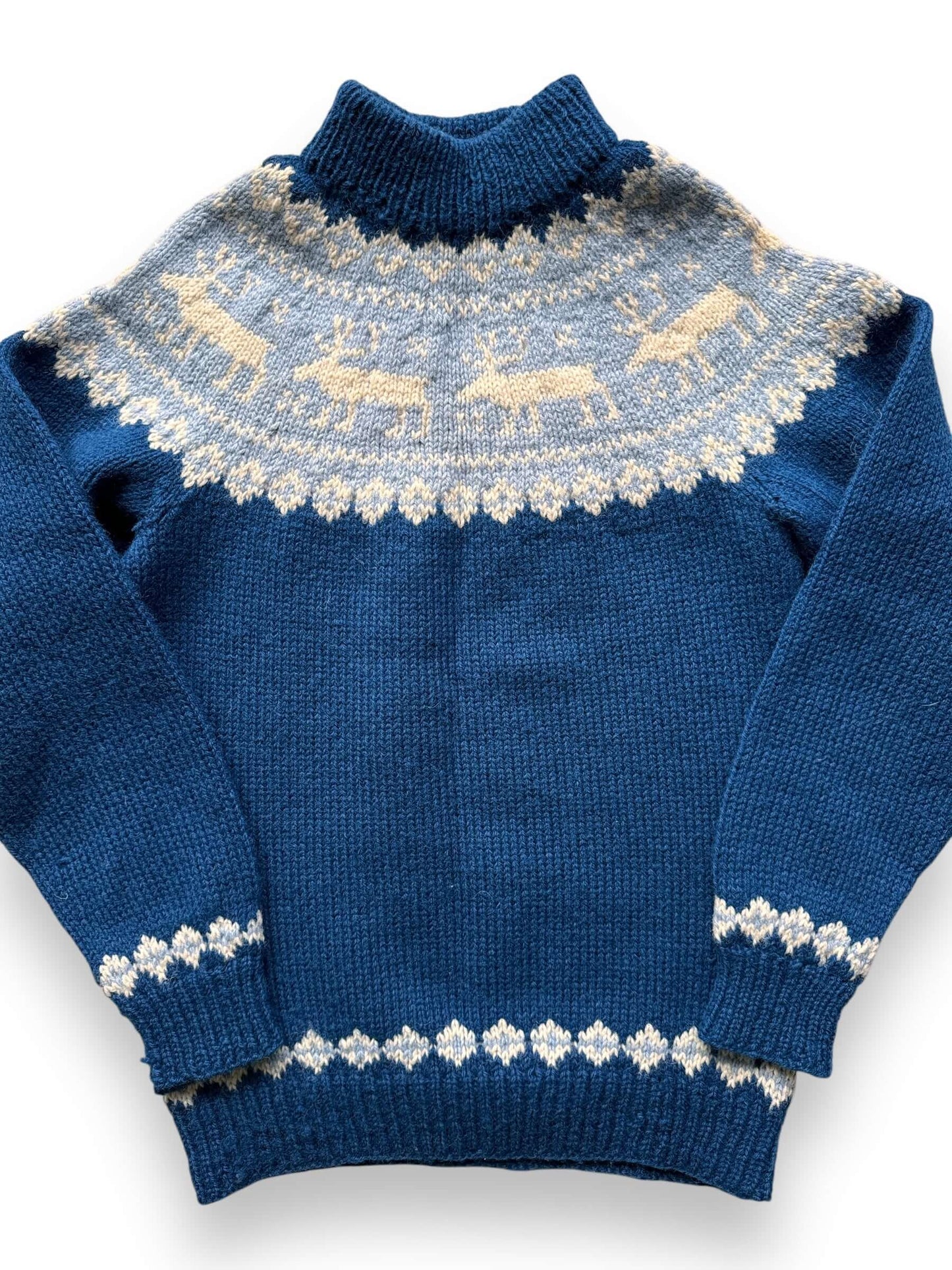 front close up of Vintage Blue Reindeer Danish Wool Sweater SZ S