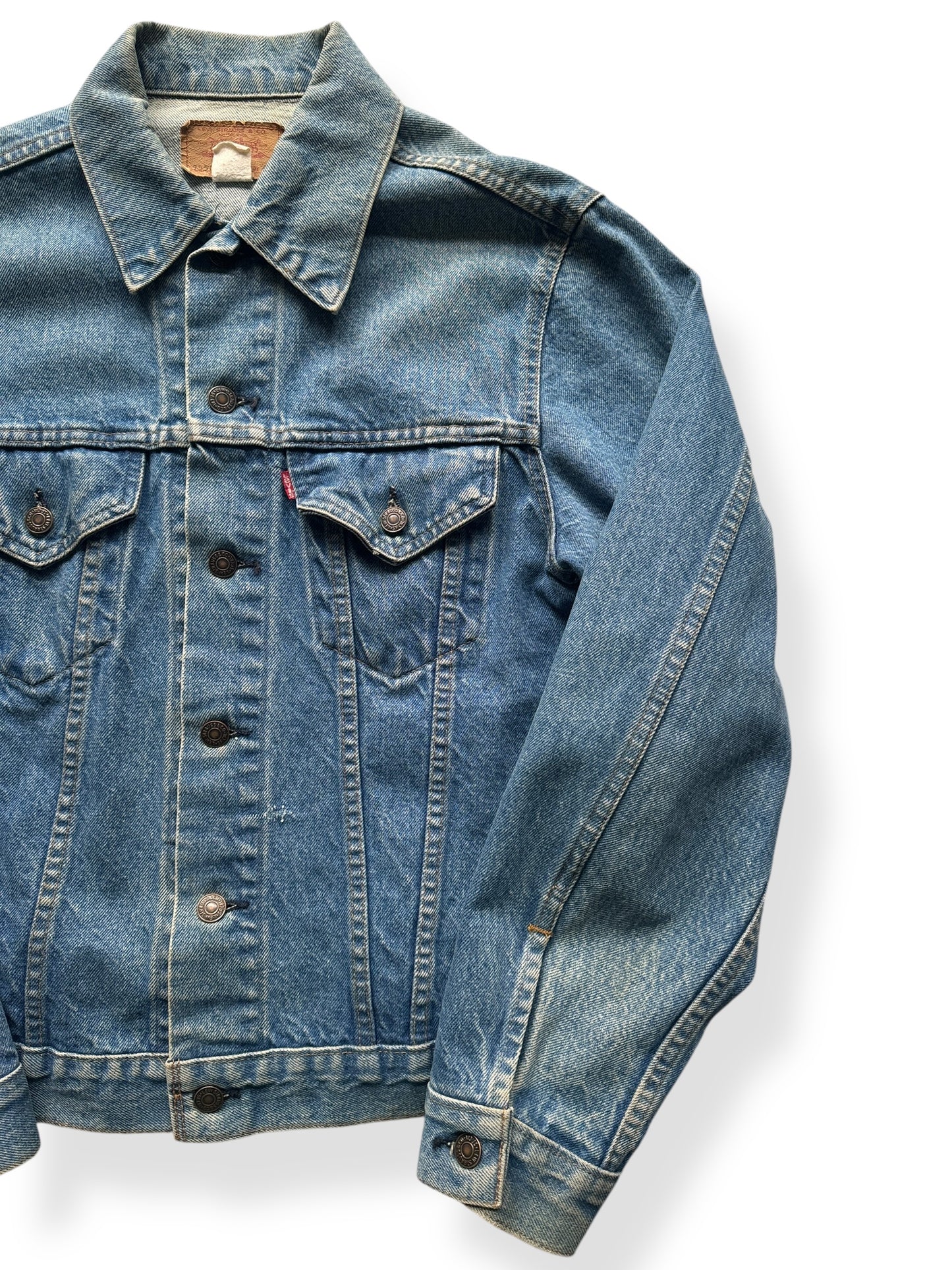 Front Left of Vintage Made in USA Levis Type III Denim Trucker Jacket SZ 42