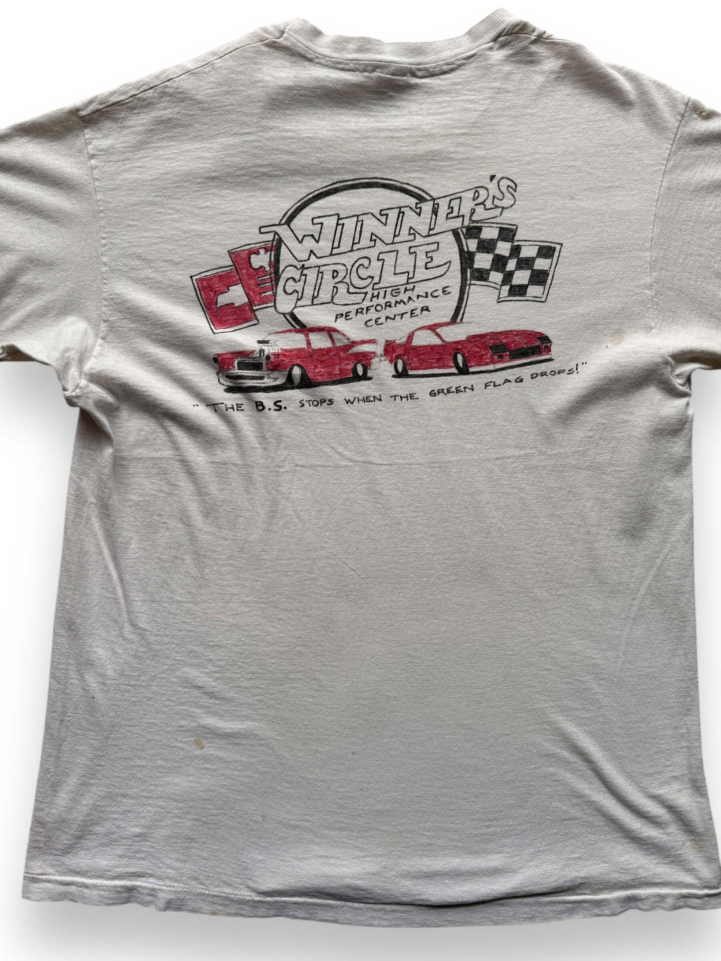back close up of Vintage 60s Hand Drawn "Winner's Circle" Auto Racing Tee SZ L