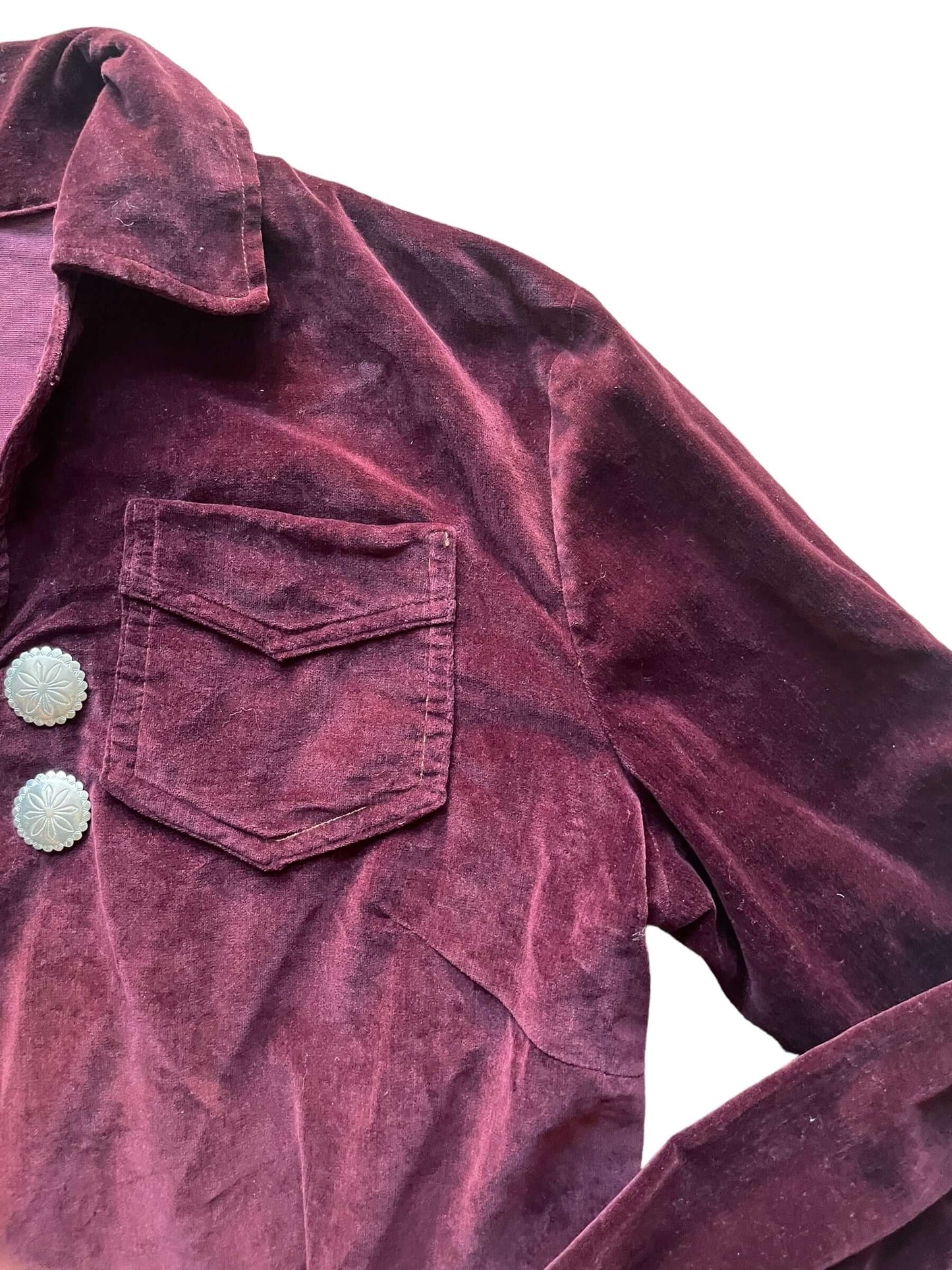 Left shoulder 1950s Burgundy Velvet Top with Silver Concho Buttons