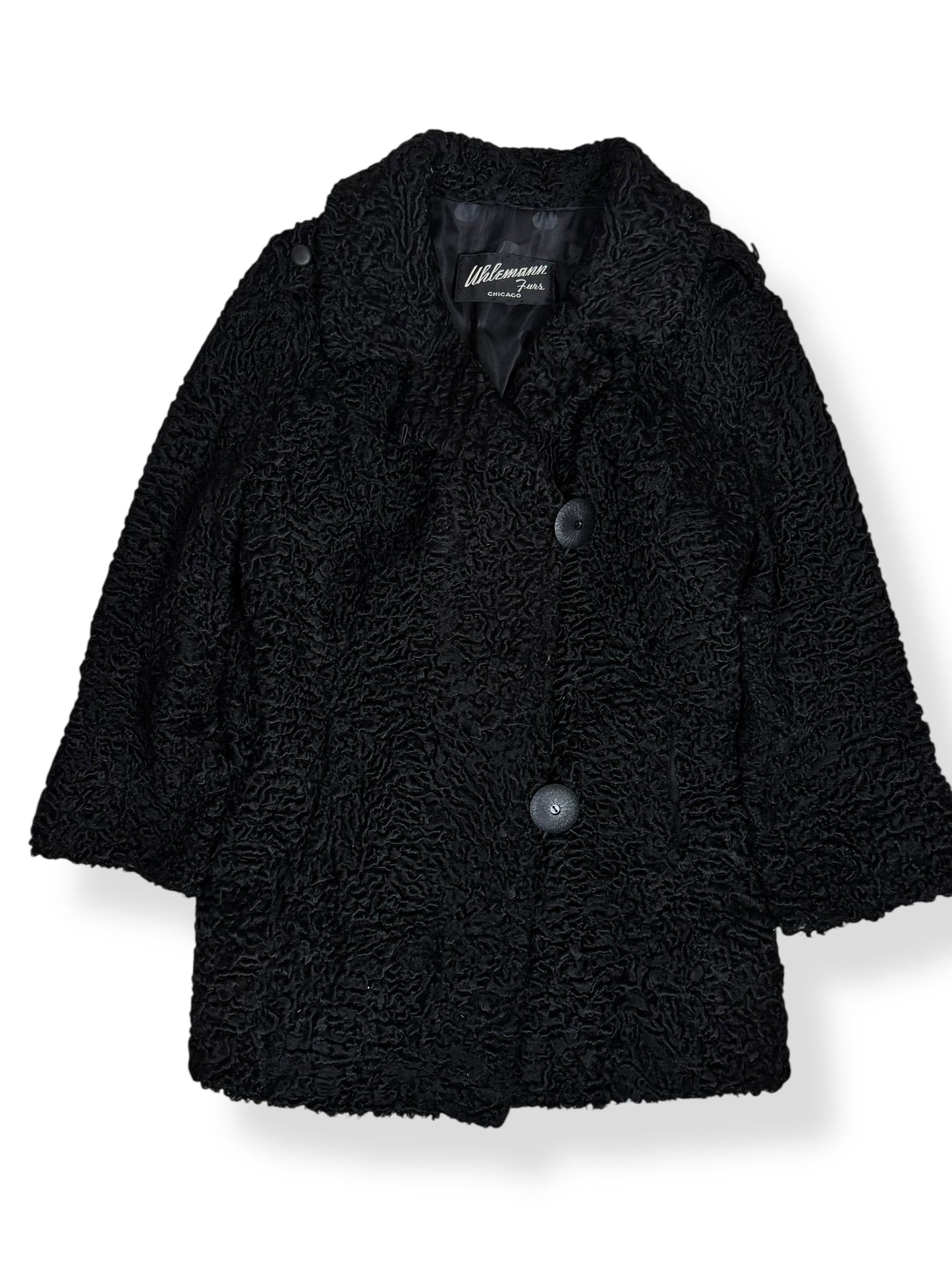 Front view of 1960s Uhlemann Furs Curly Lamb Coat L