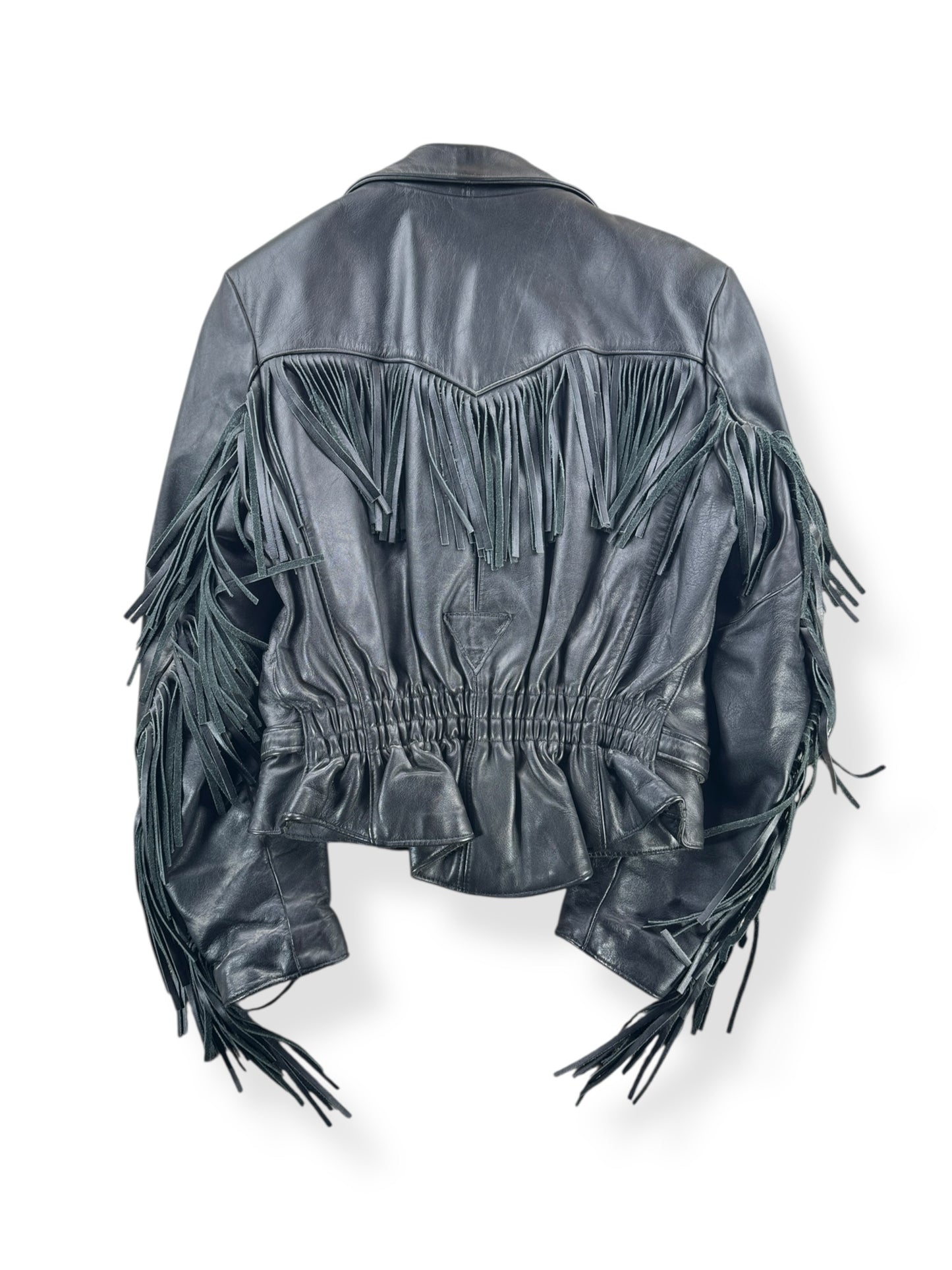 Back of Vintage Steer Brand Fringe Leather Biker Jacket SZ 11/12
