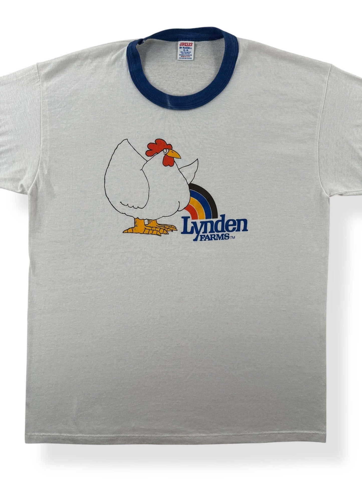 Front Close Up of Vintage Lynden Farms Chicken Ringer Tee SZ L
