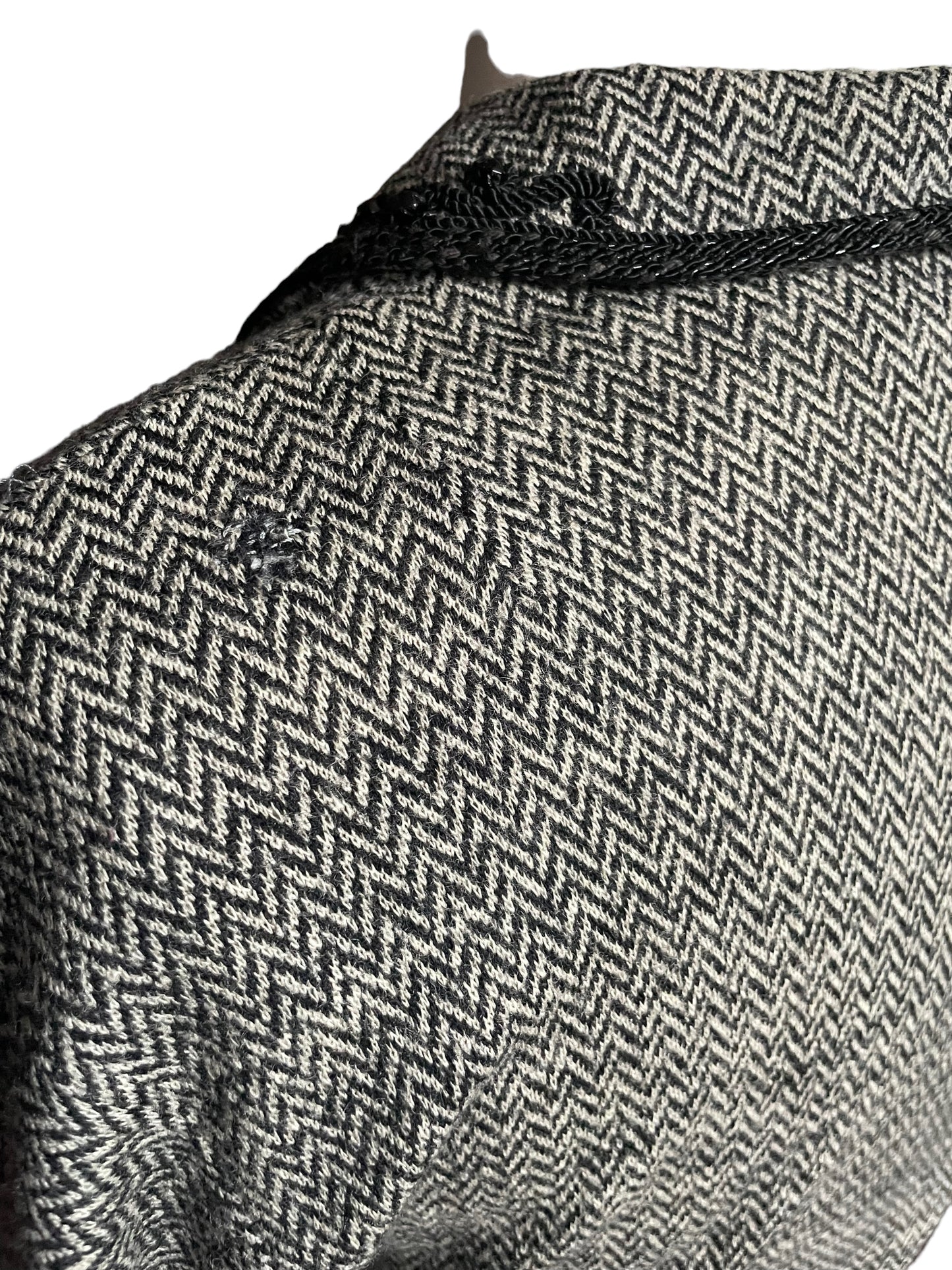 Back left shoulder view of repaired hole Vintage 1940s Chevron Knit Dress with Beaded Collar | Barn Owl Vintage Dresses| Seattle Vintage Dresses