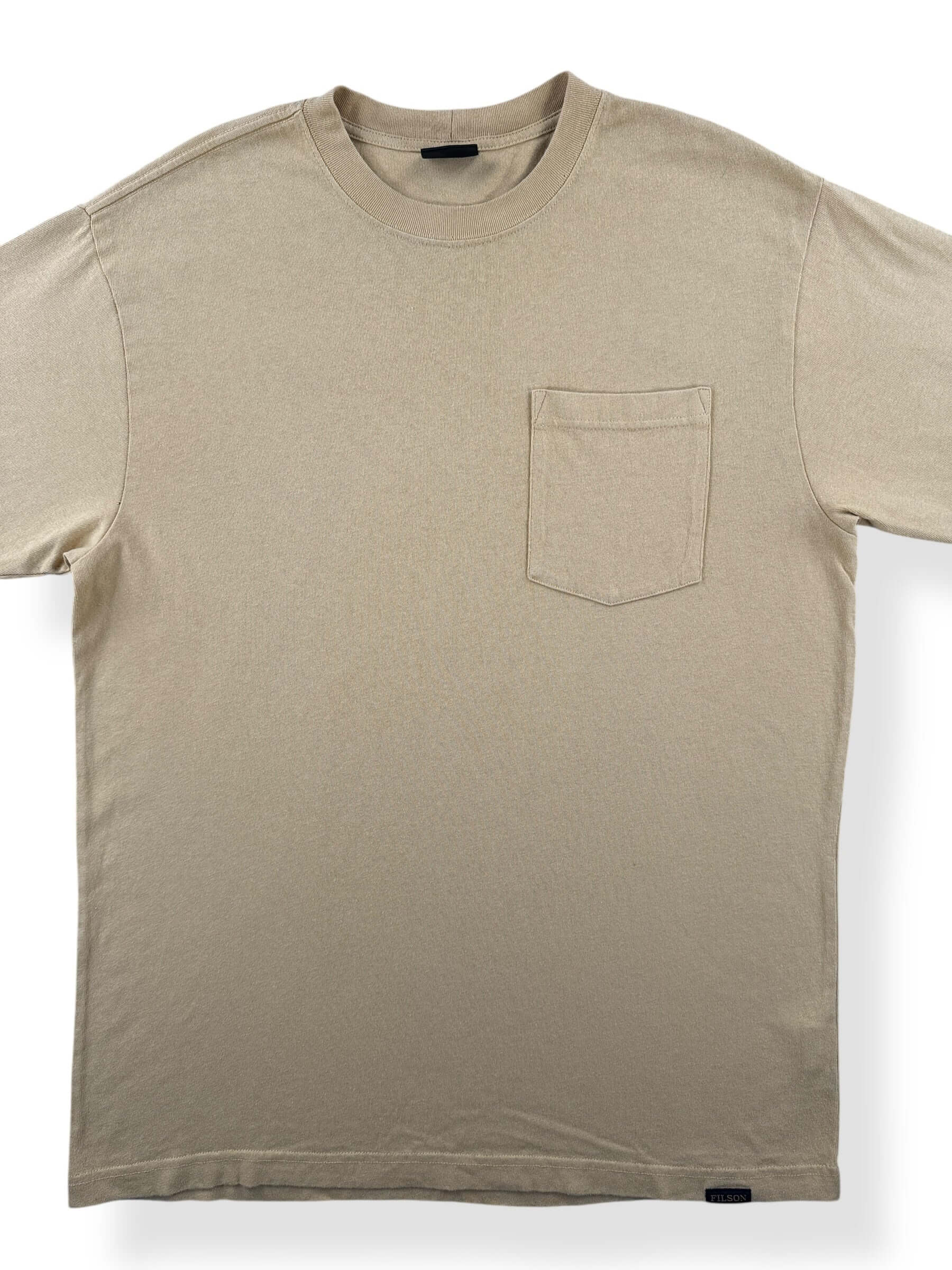 Front Close Up of Filson Frontier Dun Yellow Pocket Tee SZ M