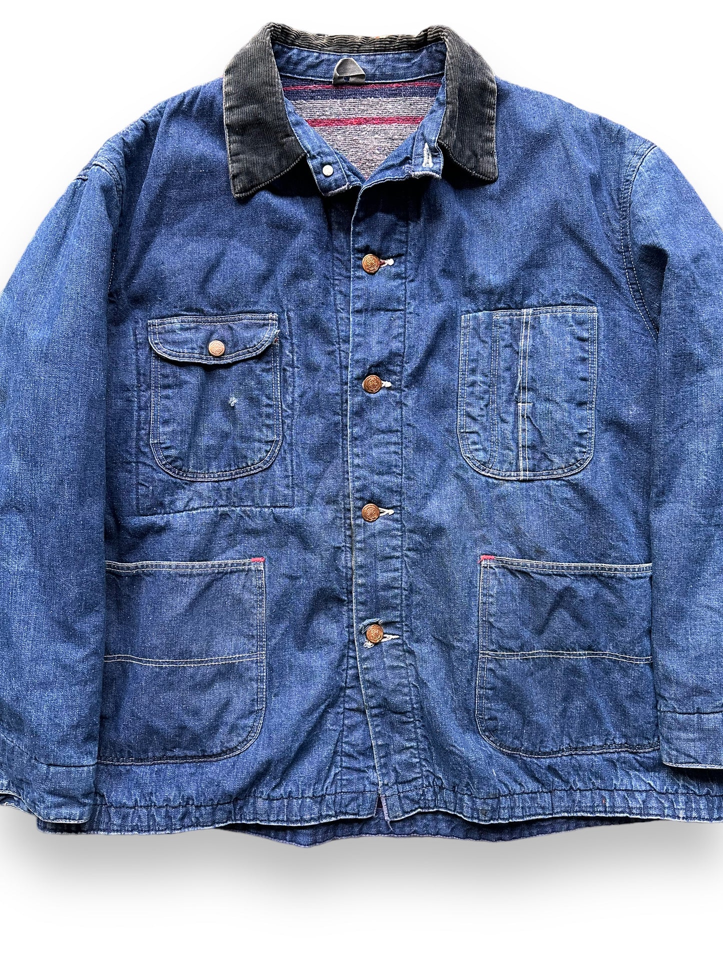 Front Detail on Vintage Blue Bell Blanket Lined Denim Chore Coat SZ 46 | Seattle Vintage Workwear | Barn Owl Vintage Seattle