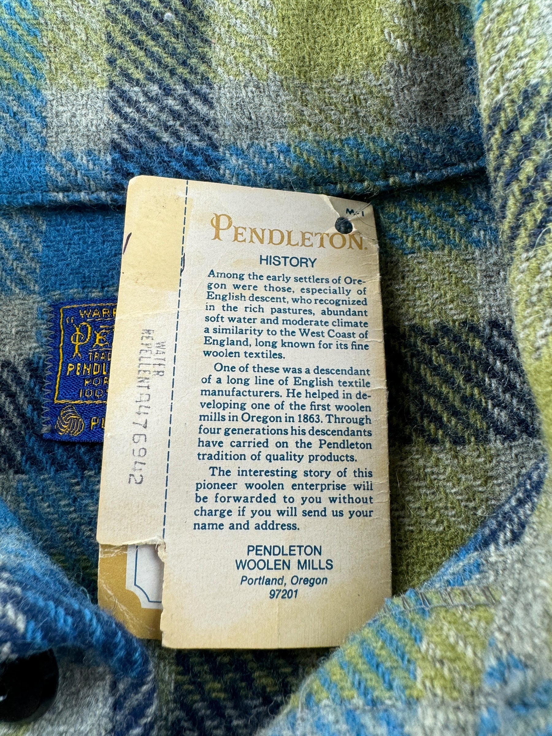 Tag on NOS Vintage Pendleton Green Blue Shacket SZ S