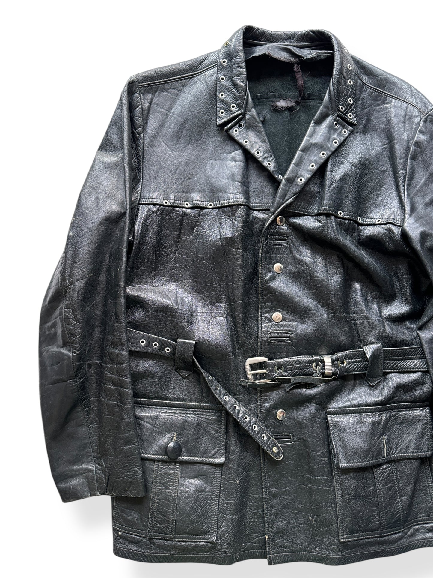 Front Right of Vintage Belted Black Leather Jacket SZ XL