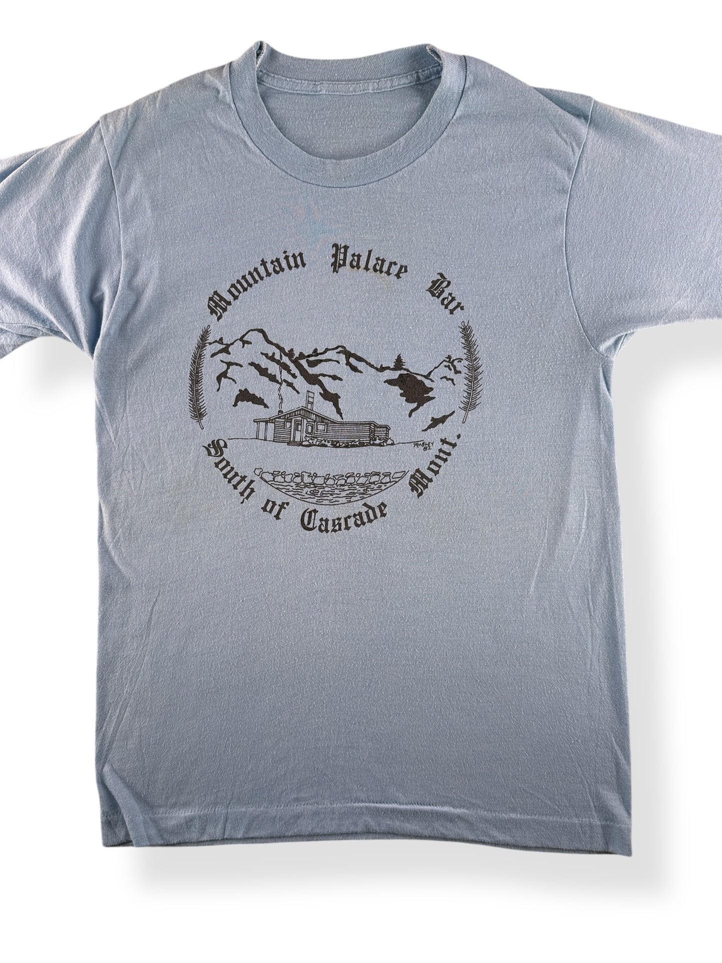 Front Close Up of Vintage 1982 Mountain Palace Bar Tee SZ S