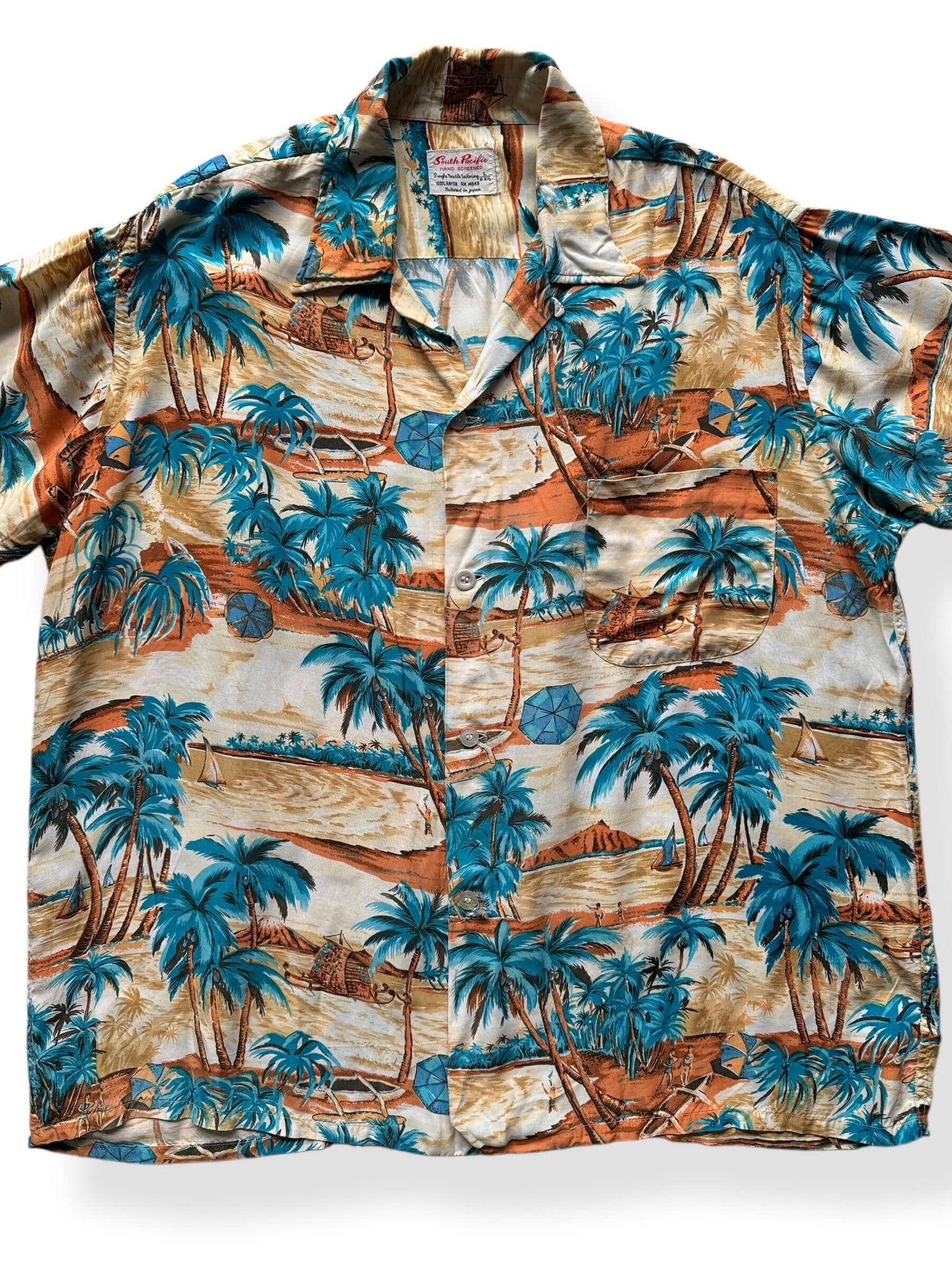 Front Close Up of Vintage South Pacific Aloha Shirt SZ XL