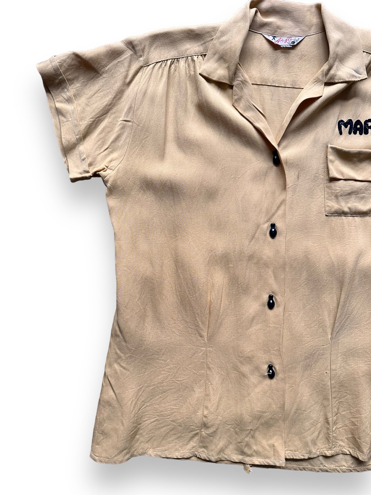 front right of Vintage Alaska National Bank Rayon Ladies Bowling Shirt SZ S | Vintage Bowling Shirt Seattle | Barn Owl Vintage Seattle