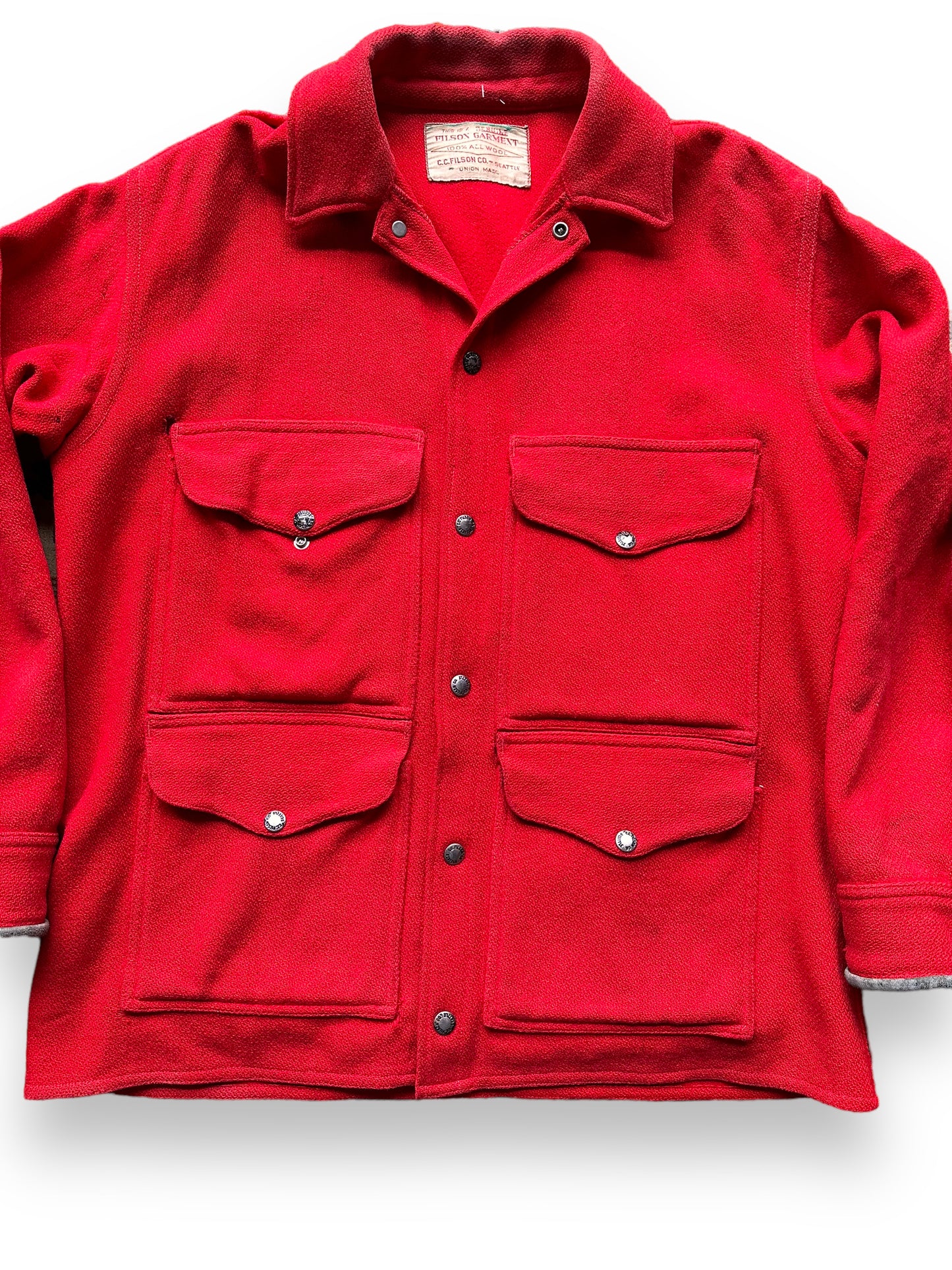 front close up of Vintage 60s Era Union Made Filson Scarlet Cruiser Size 44 | Barn Owl Vintage Goods | Vintage Filson Workwear Seattle