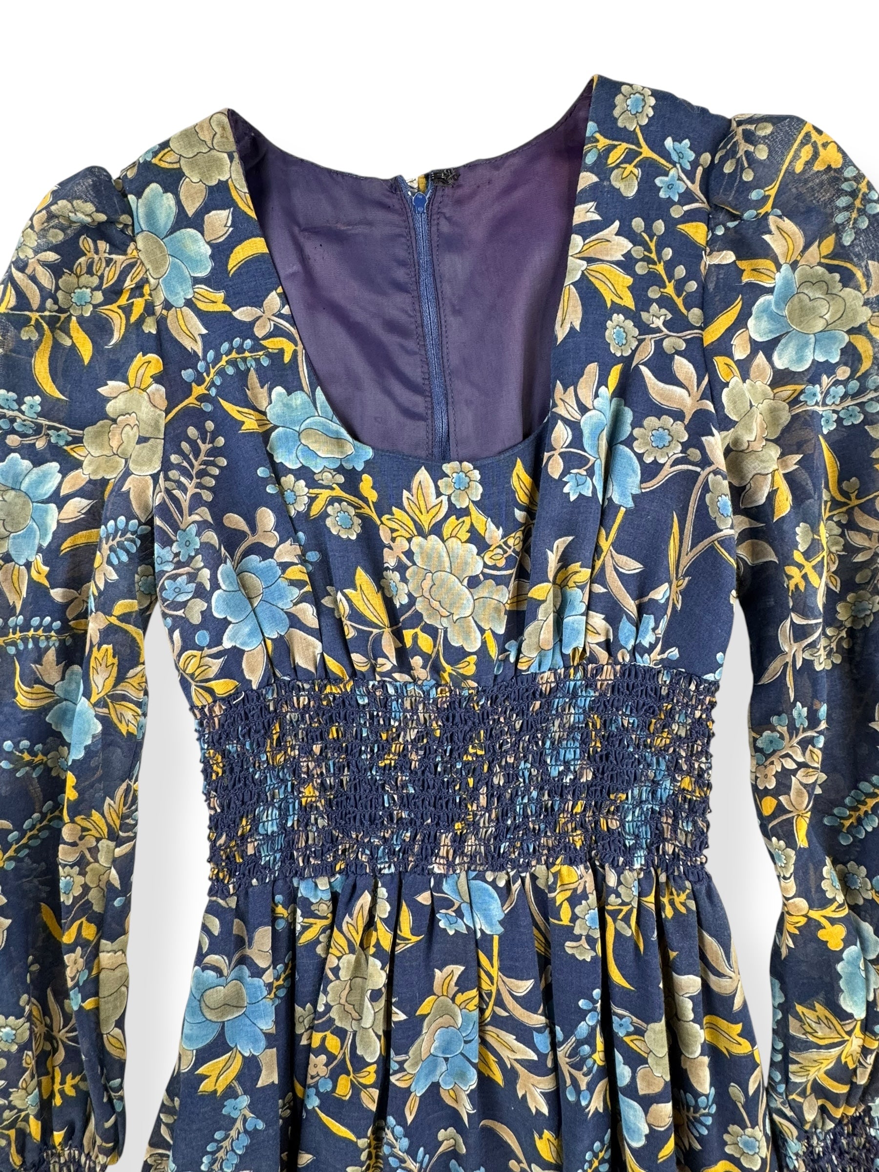 Chest view of 1970s Blue Floral Maxi Dress S