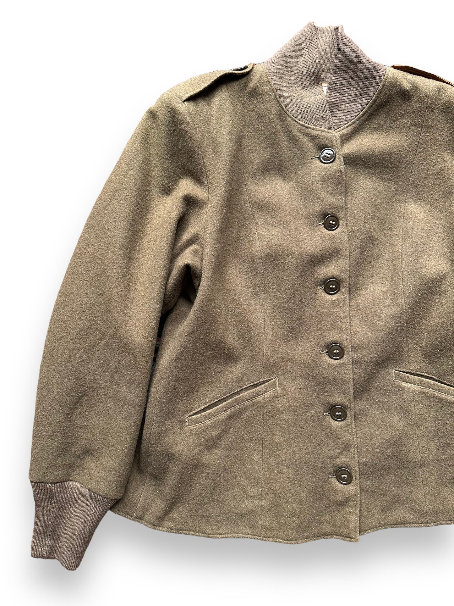 Front Right View of Vintage WWII Era Womens Wool Field Liner SZ 14R | Vintage M-1943 Wool Jacket Seattle | Barn Owl Vintage Seattle