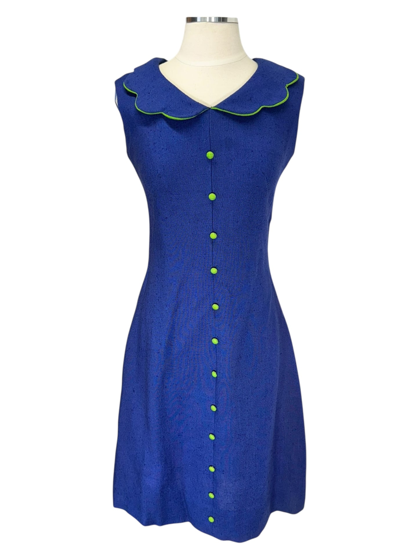 Front view of 1960s Blue Dress with Scalloped Collar S