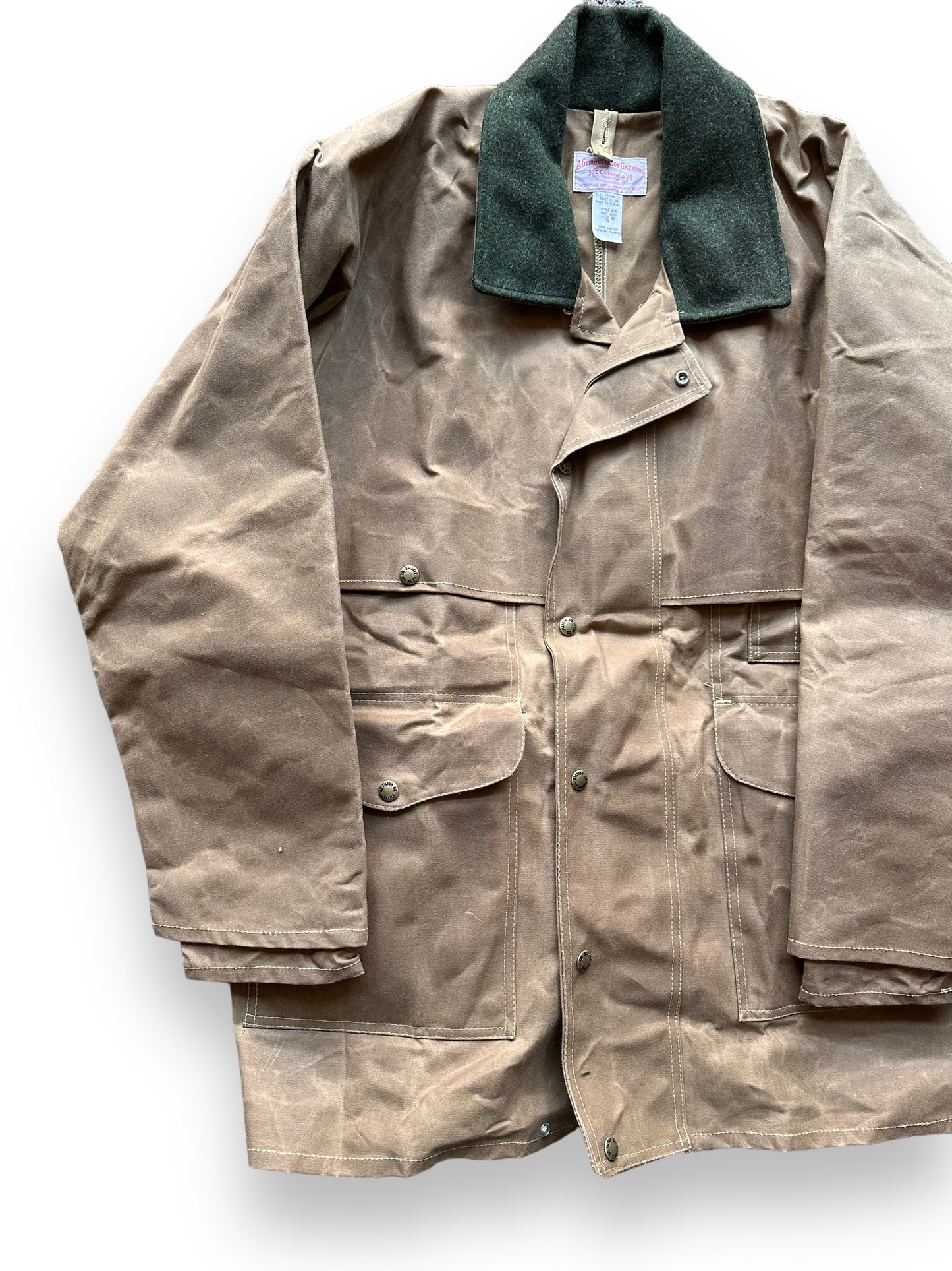 Front Right View of Vintage NOS Filson Tin Cloth Packer Coat SZ 44 | Barn Owl Vintage Goods Filson | Vintage Filson Workwear Seattle