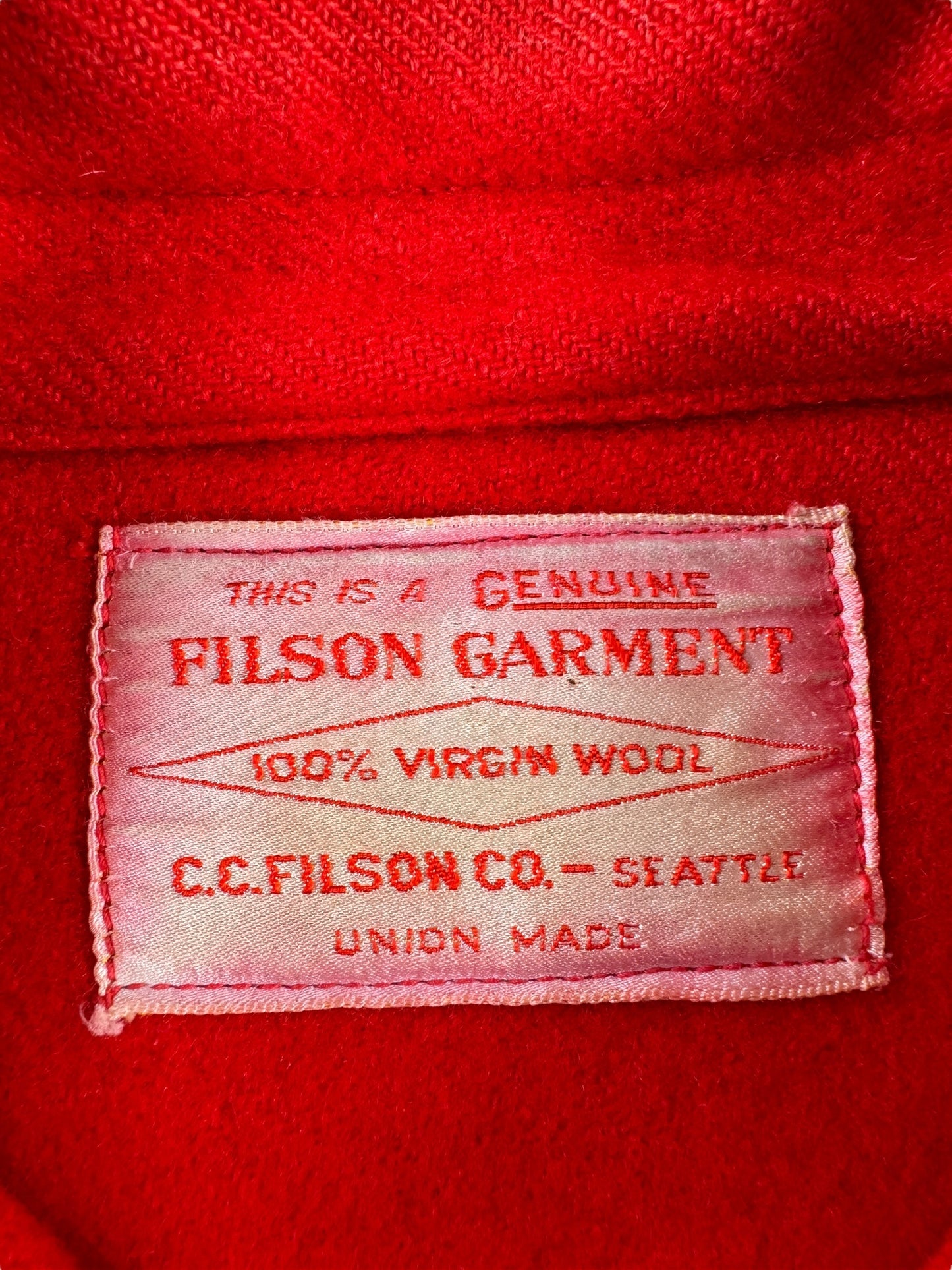 Label on Vintage Union Made Filson Scarlett Cruiser SZ 46